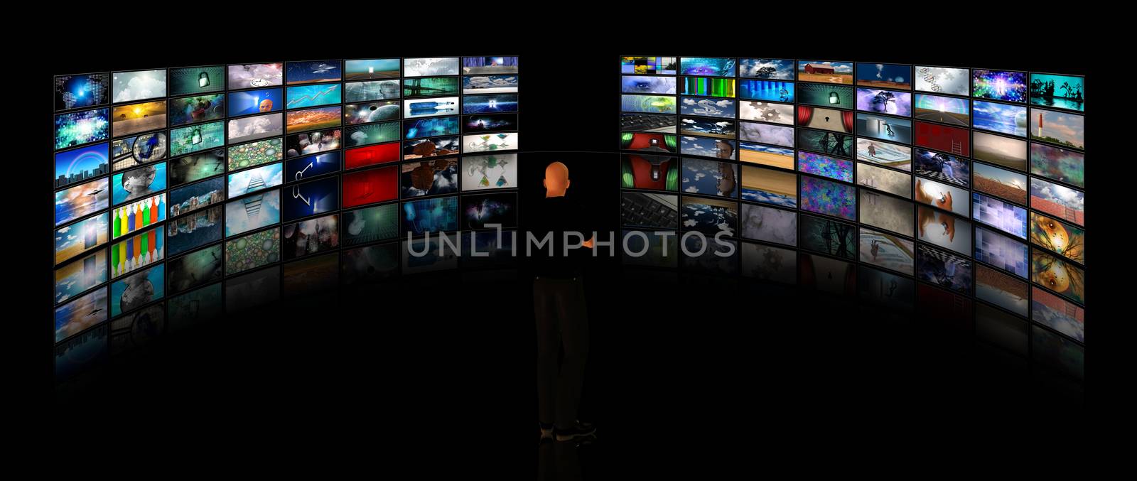 Man viewing video displays. Media gallery or surveillance