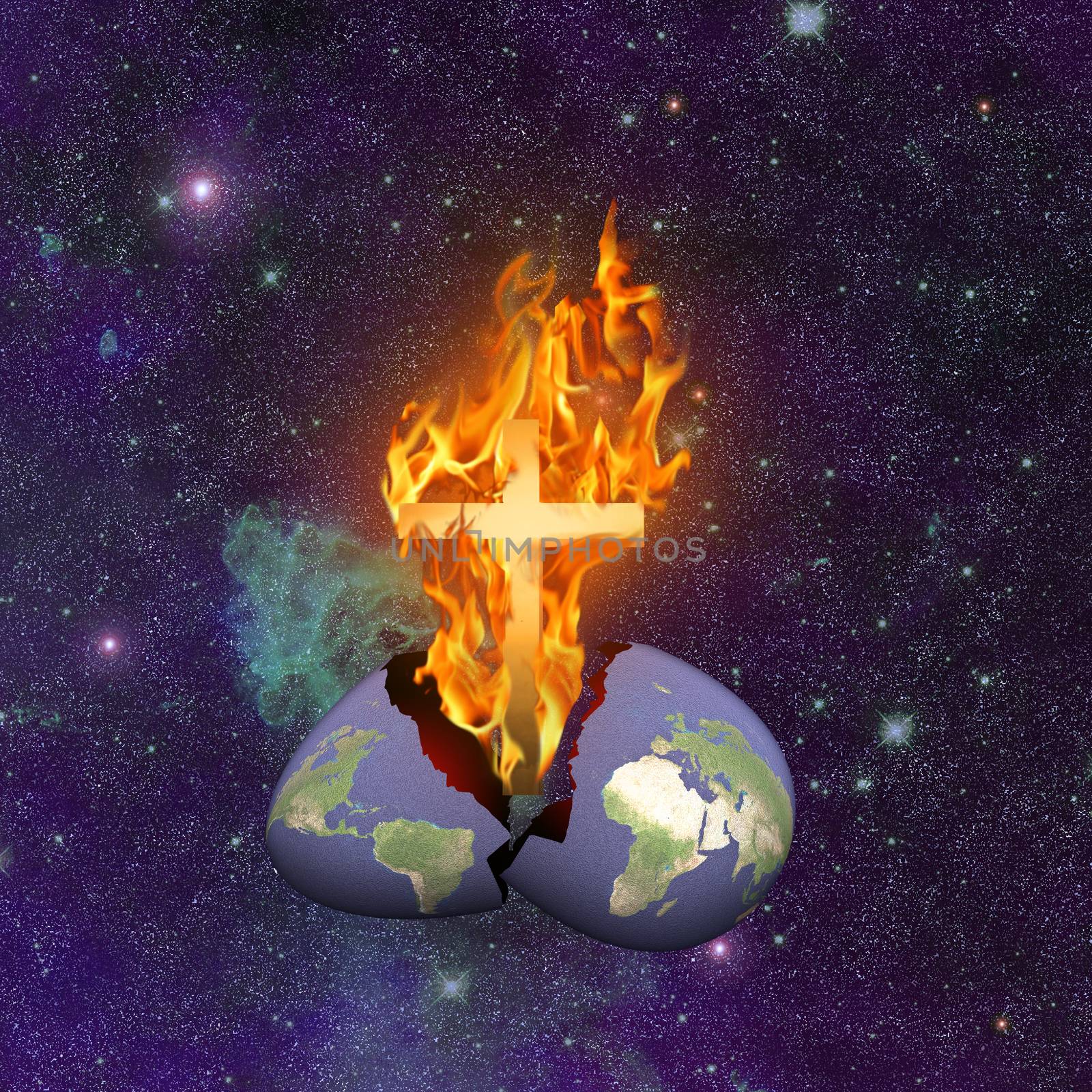 Christian cross in purifying fire hatched from planet Earth