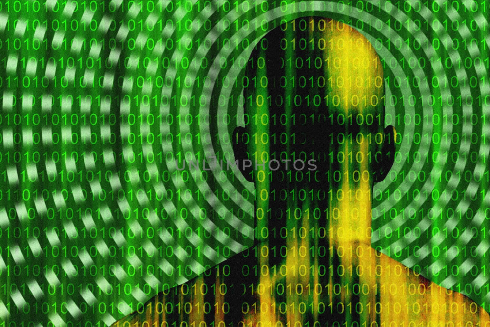 Surreal digital art. Well built man with binary code on a skin.