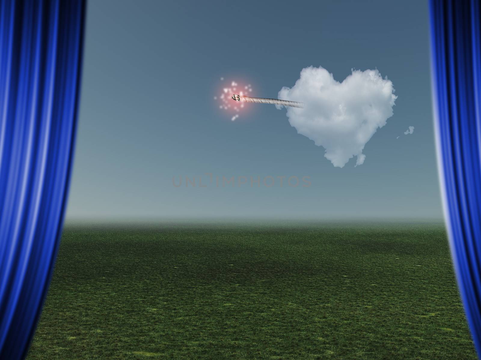 Surrealism. Cloud in shape of love heart with ignited wick. 