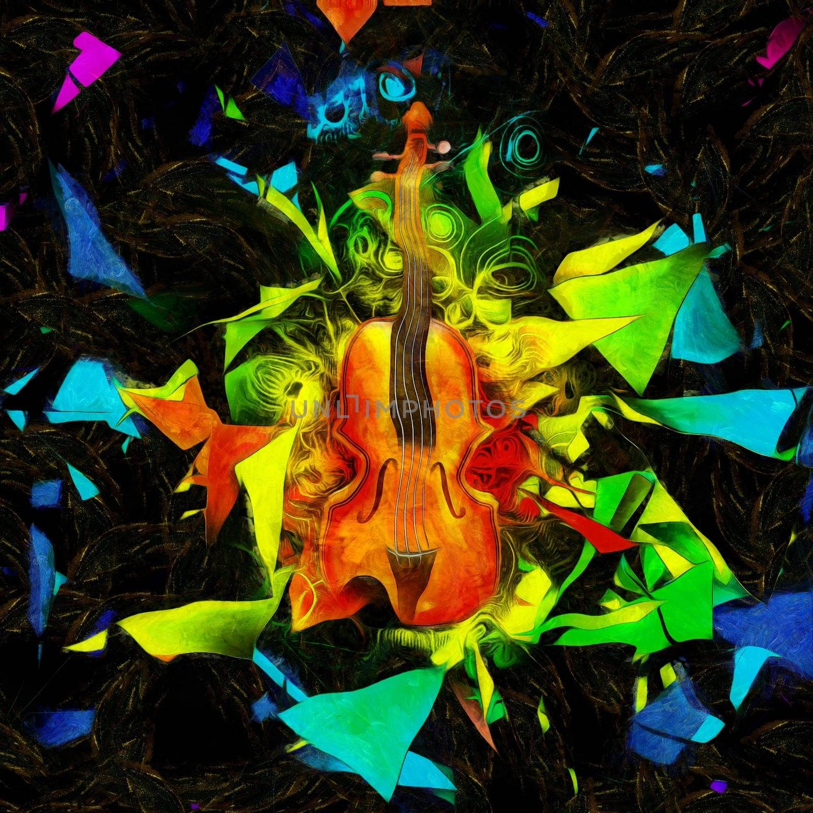 Digital modern painting. Violin on abstract background.