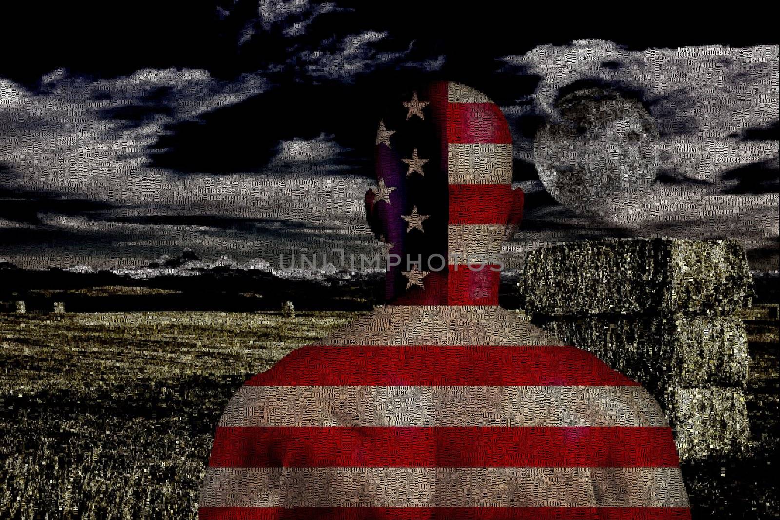 Man in US national colors stands in the field. Image composed entirely of words