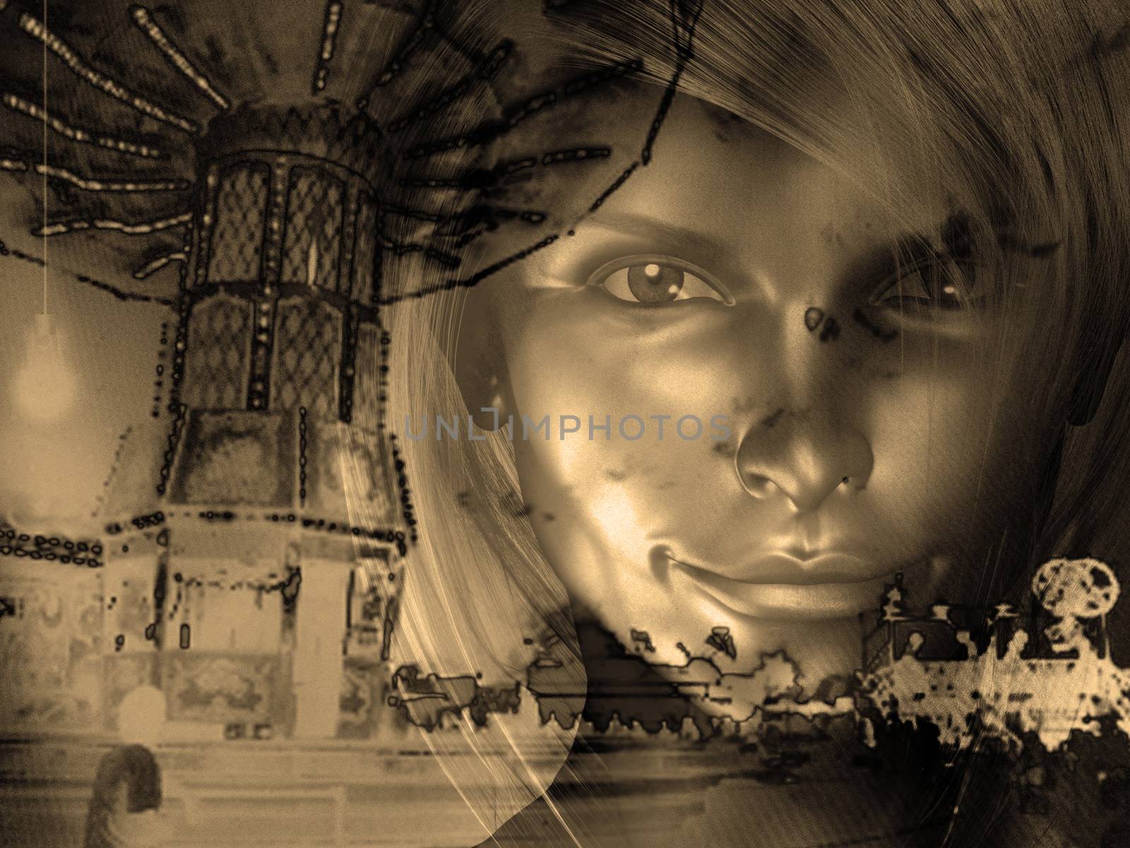 Carnival background. Girl face. Sepia colors