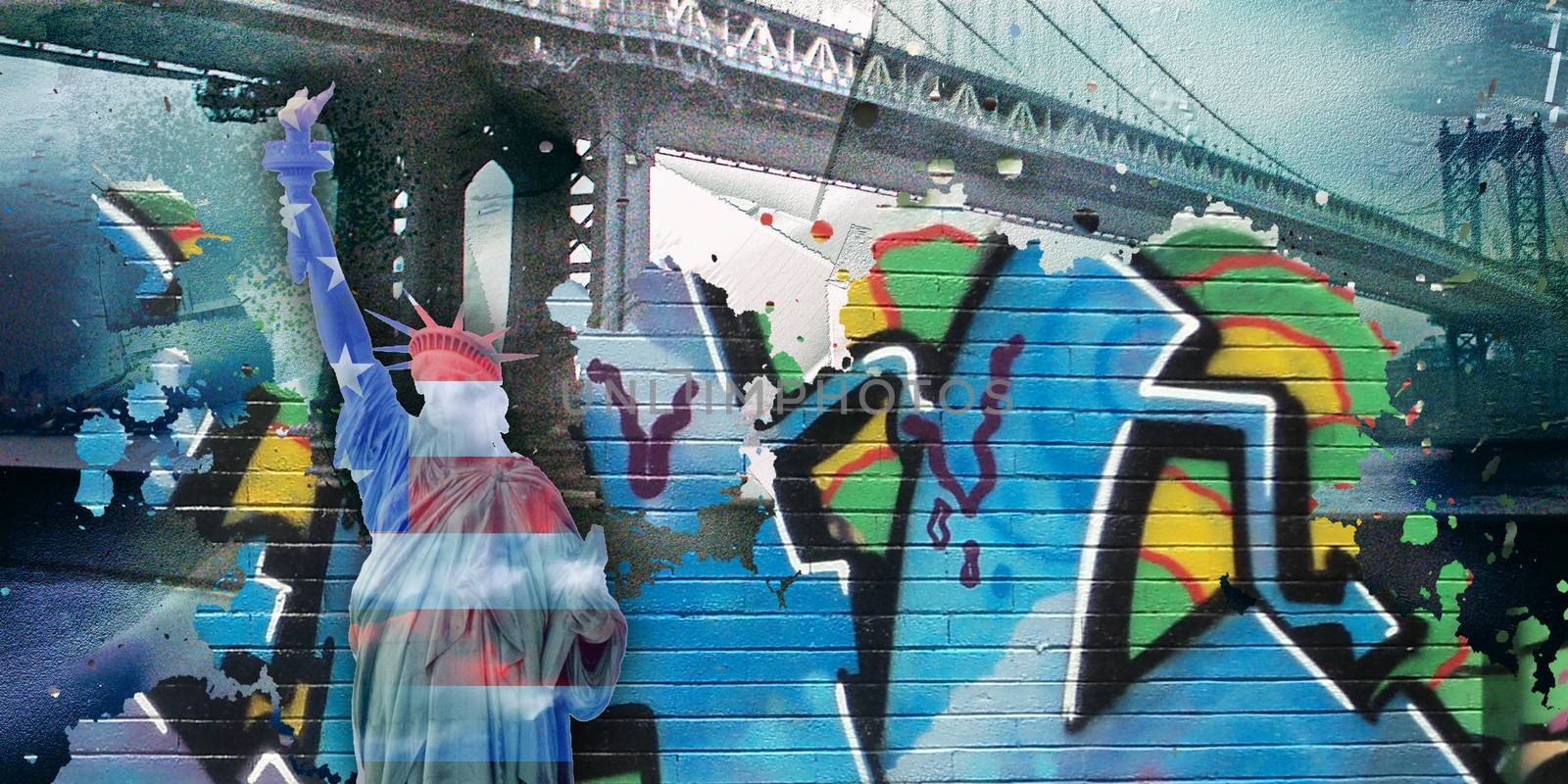 Surreal digital art. Manhattan bridge and Liberty statue on New York's cityscape. Pieces of graffiti.