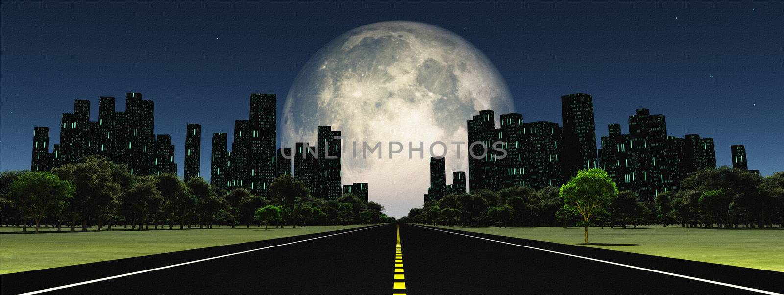 Surreal digital art. Road to the city. Giant moon at the horizon.