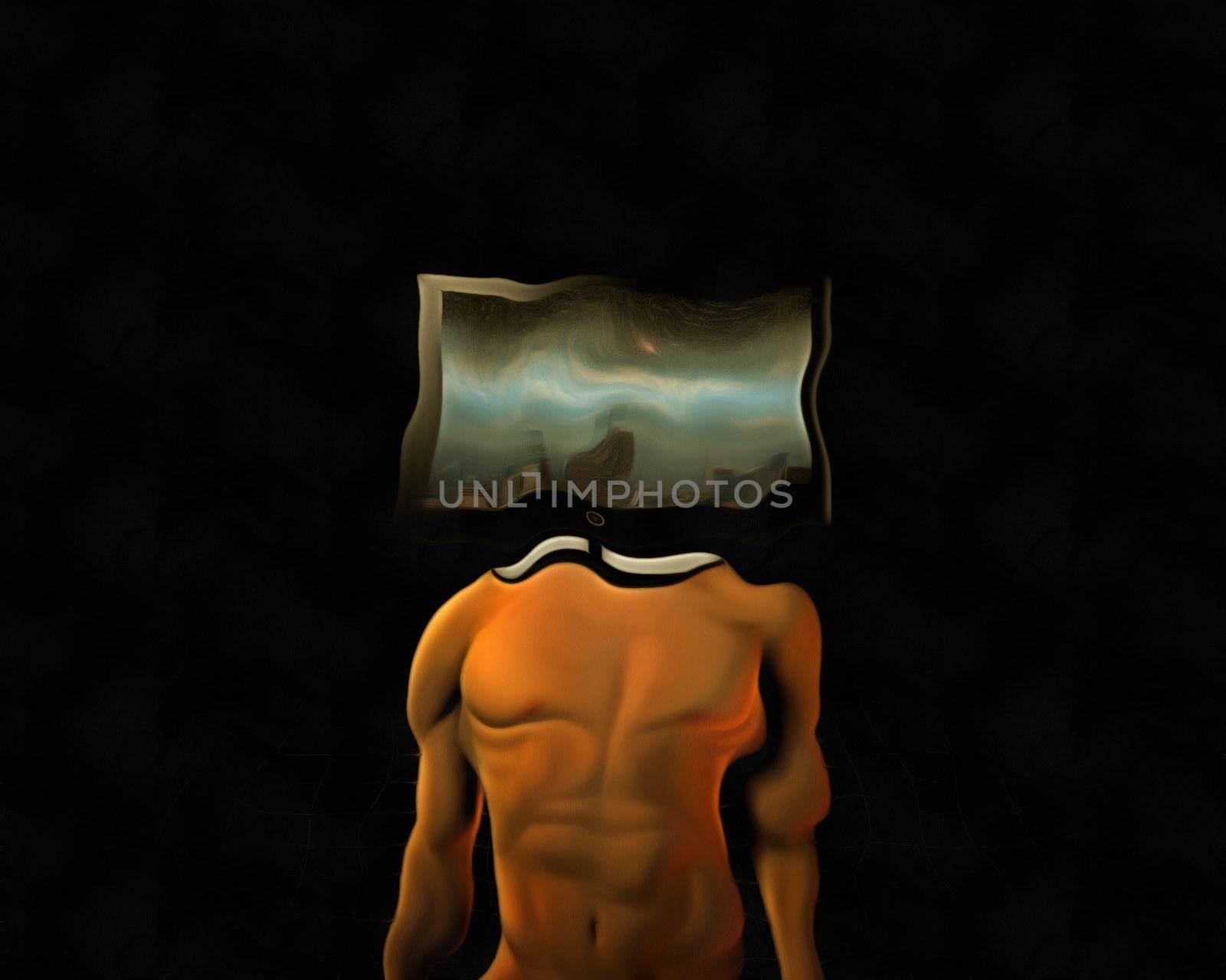 Surrealism. Man body with TV-screen instead of head.