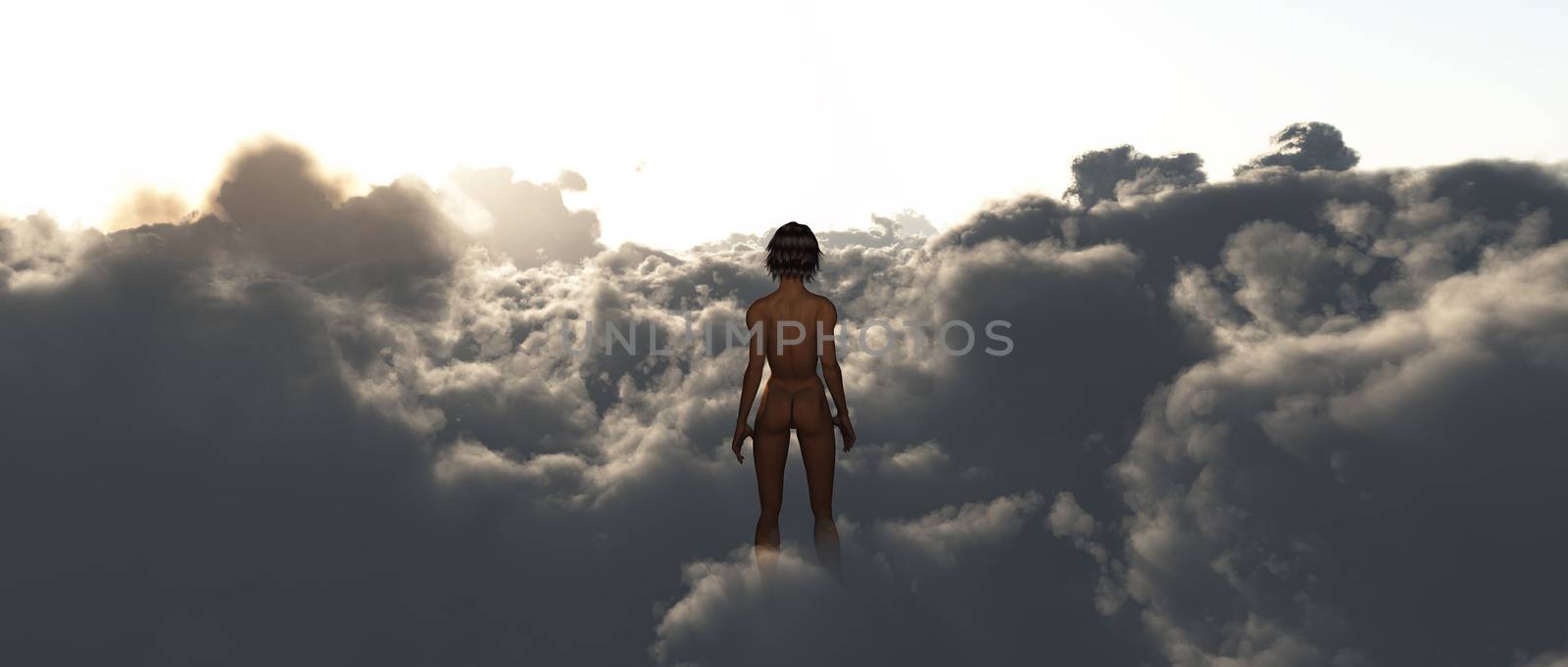 Surreal composition. Woman stands in the clouds.