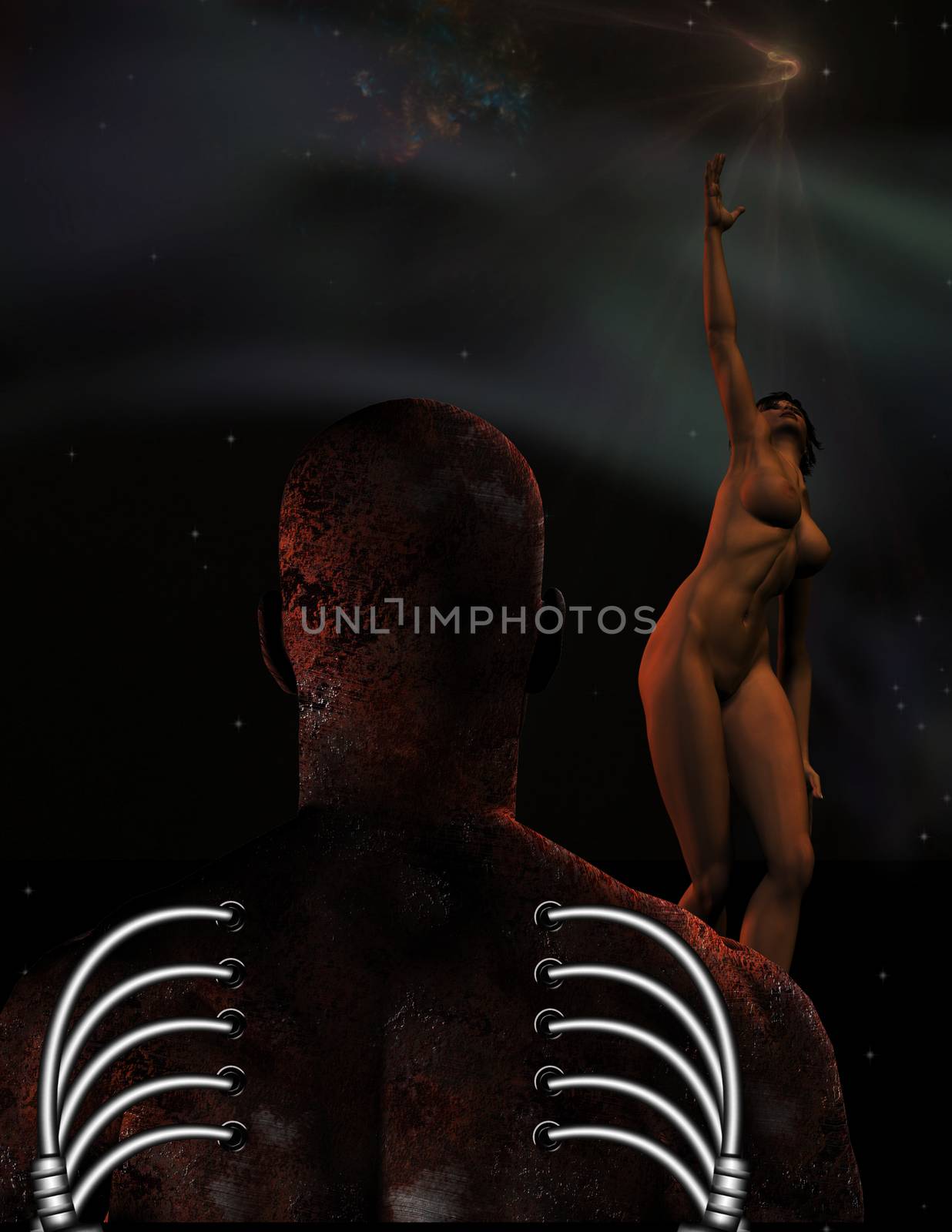 Future humanity - Rusted cyborg, woman ascends to the sky