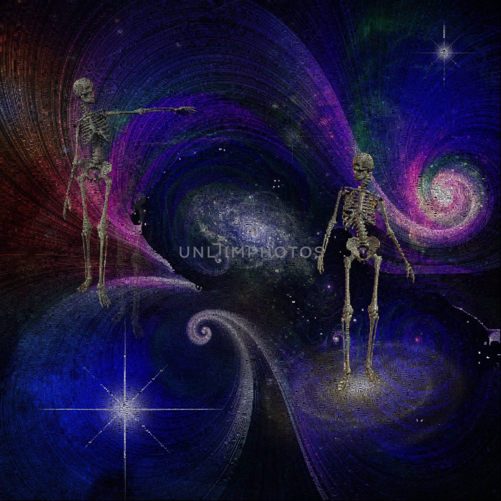 Surrealism. Two skeleton in space. Image composed entirely of words