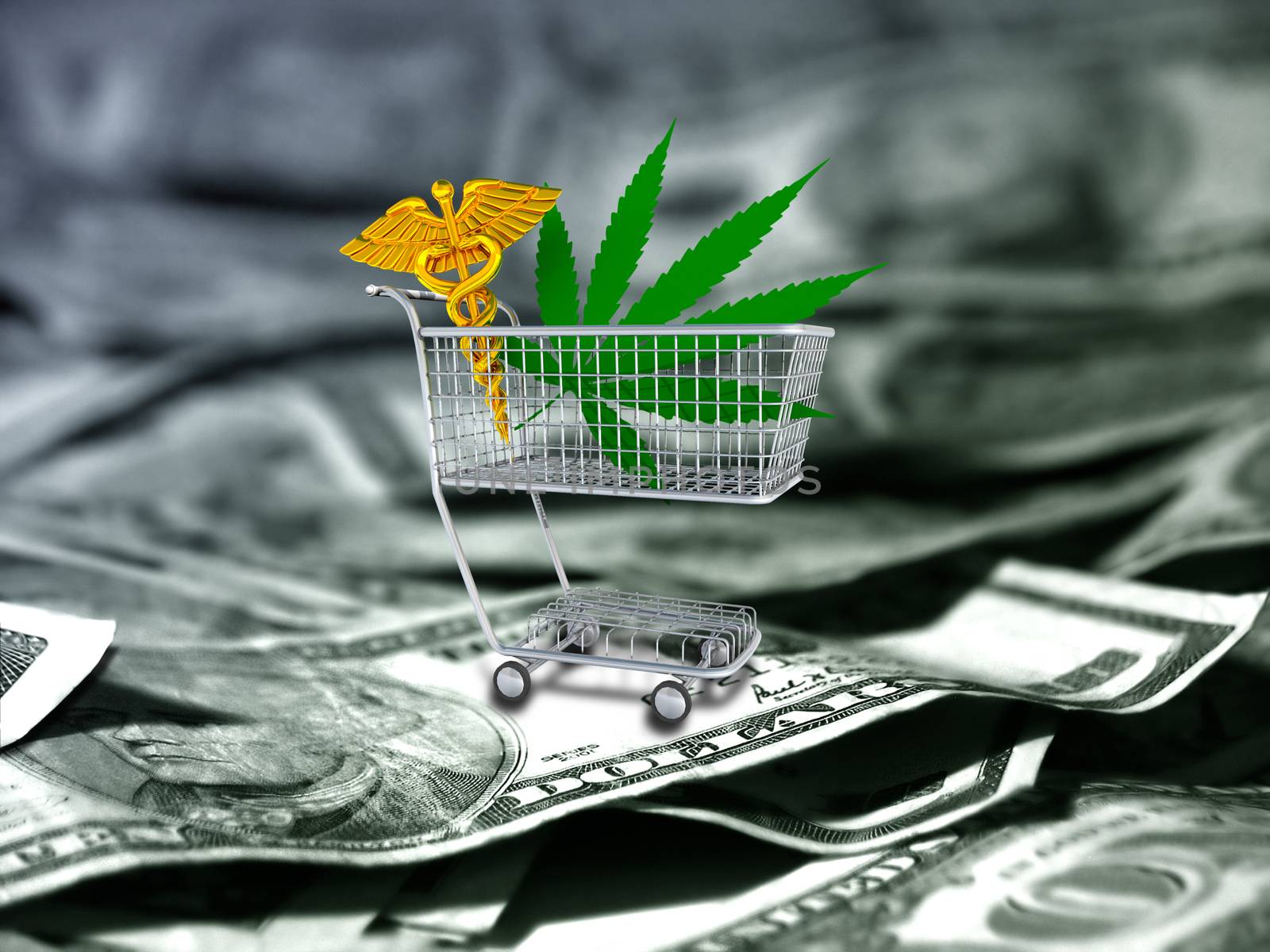 Marijuana leaf and caduceus in a cart. US dollars.