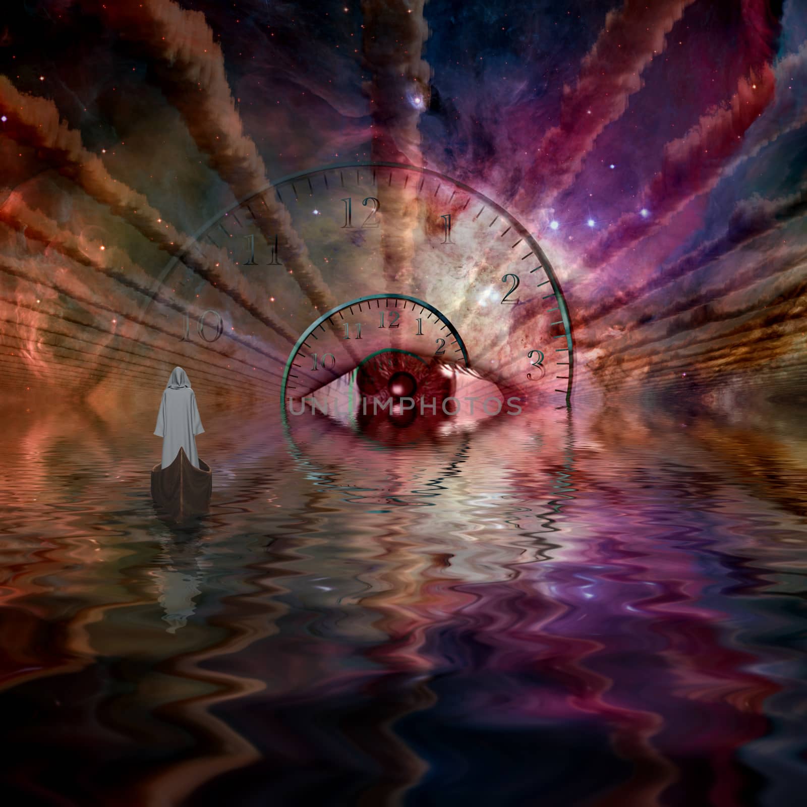 Figure in white robe floating to God's eye in space tunnel