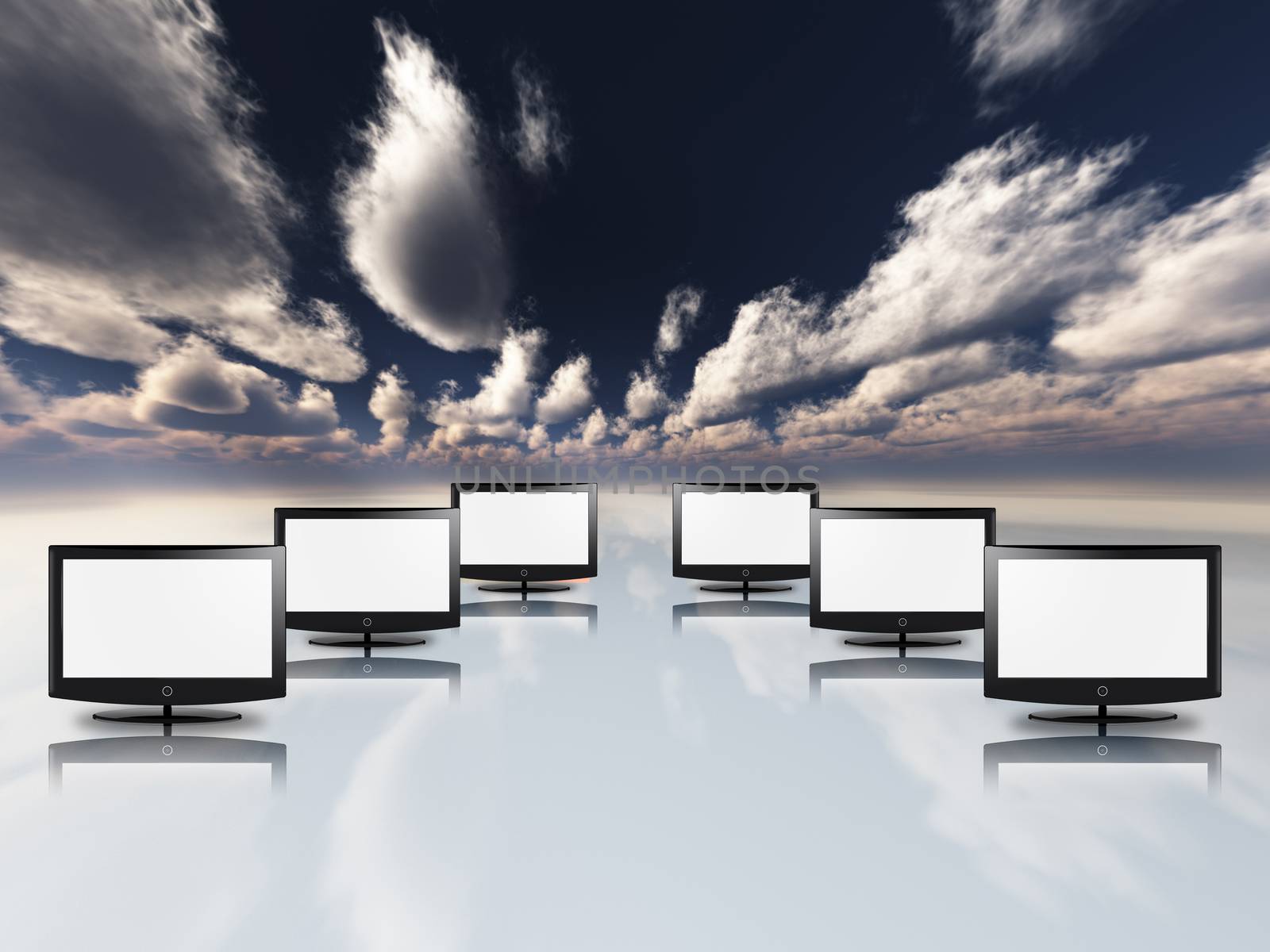 Computers monitors in clouds sky