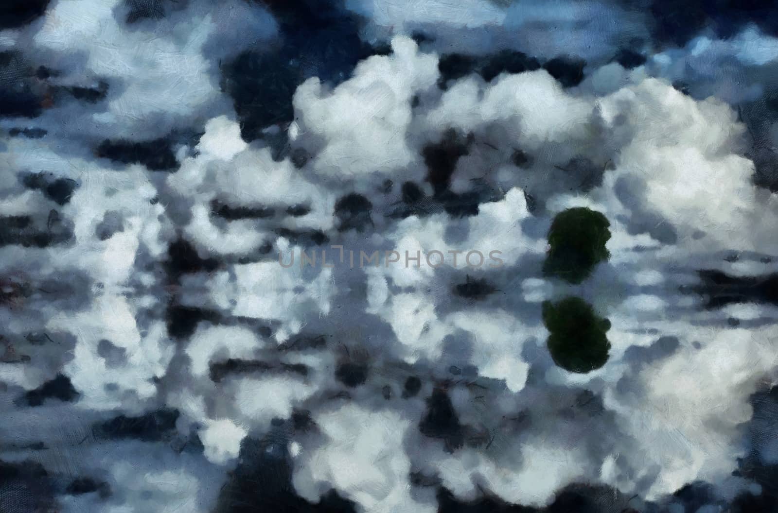 Abstract painting. Clouds and tree reflects in water.