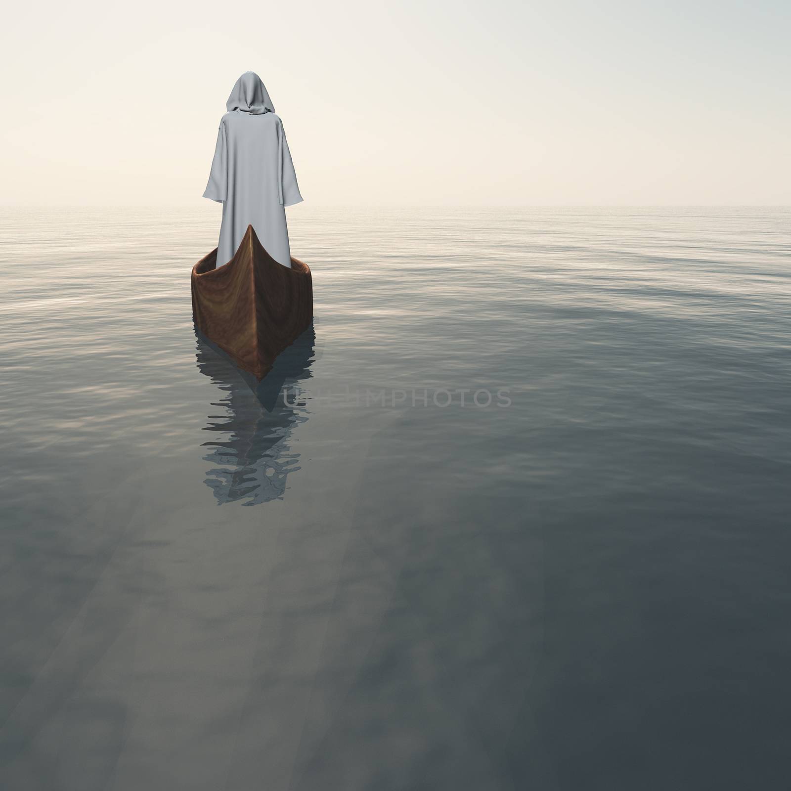 Monk in white cloak floats in boat.