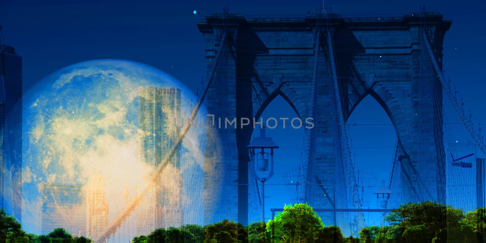 NY Brooklyn Bridge. Bright full moon in the sky