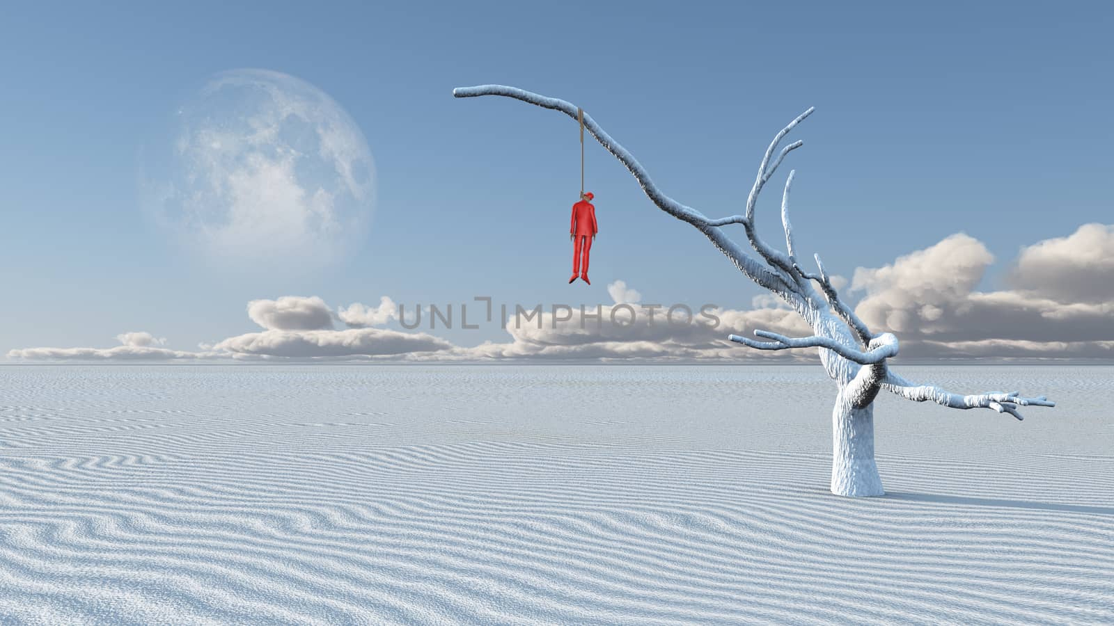 Surreal white desert. Man in red suit hanged on a dry tree.
