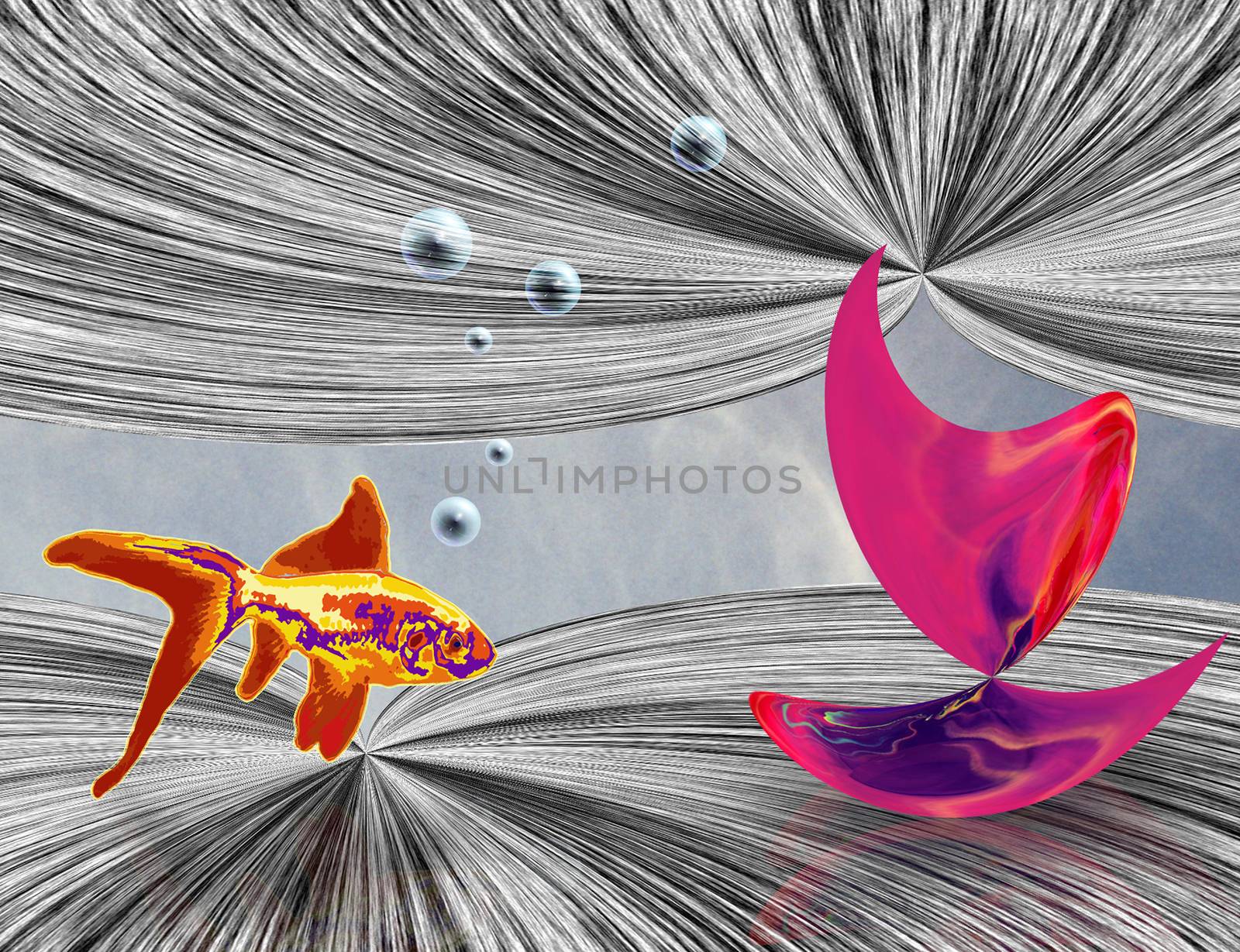 Surreal illusion. Pink matter and golden fish