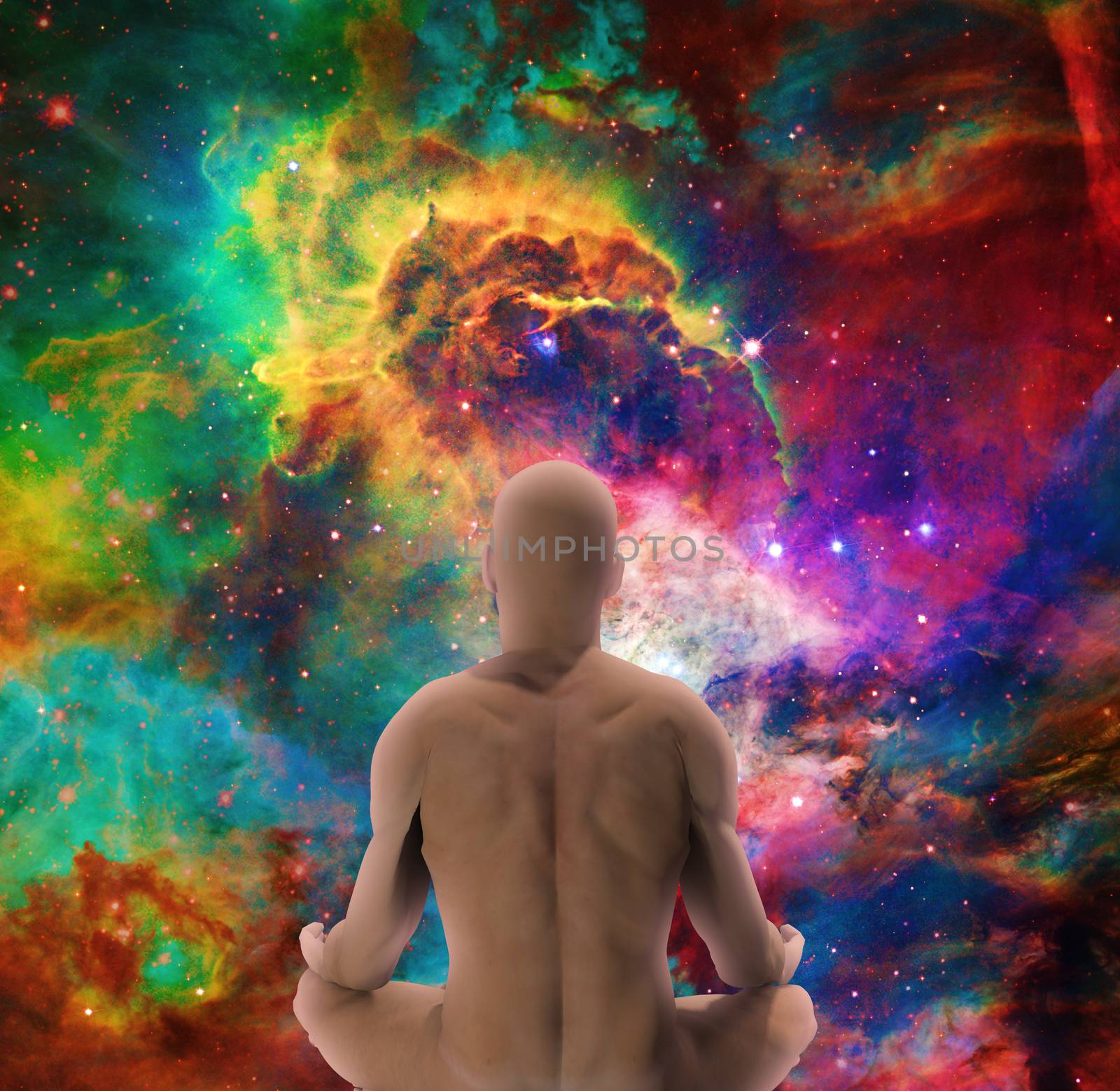 Man in lotus pose meditates before endless space