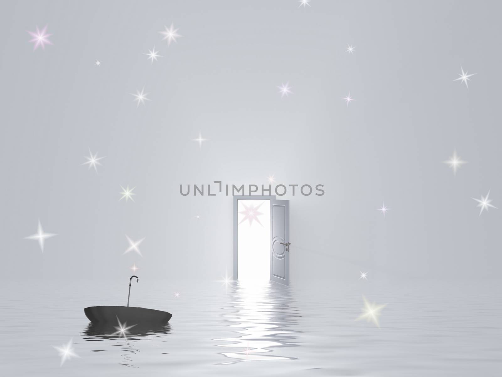 Umbrella floats in water in pure white room with open door.