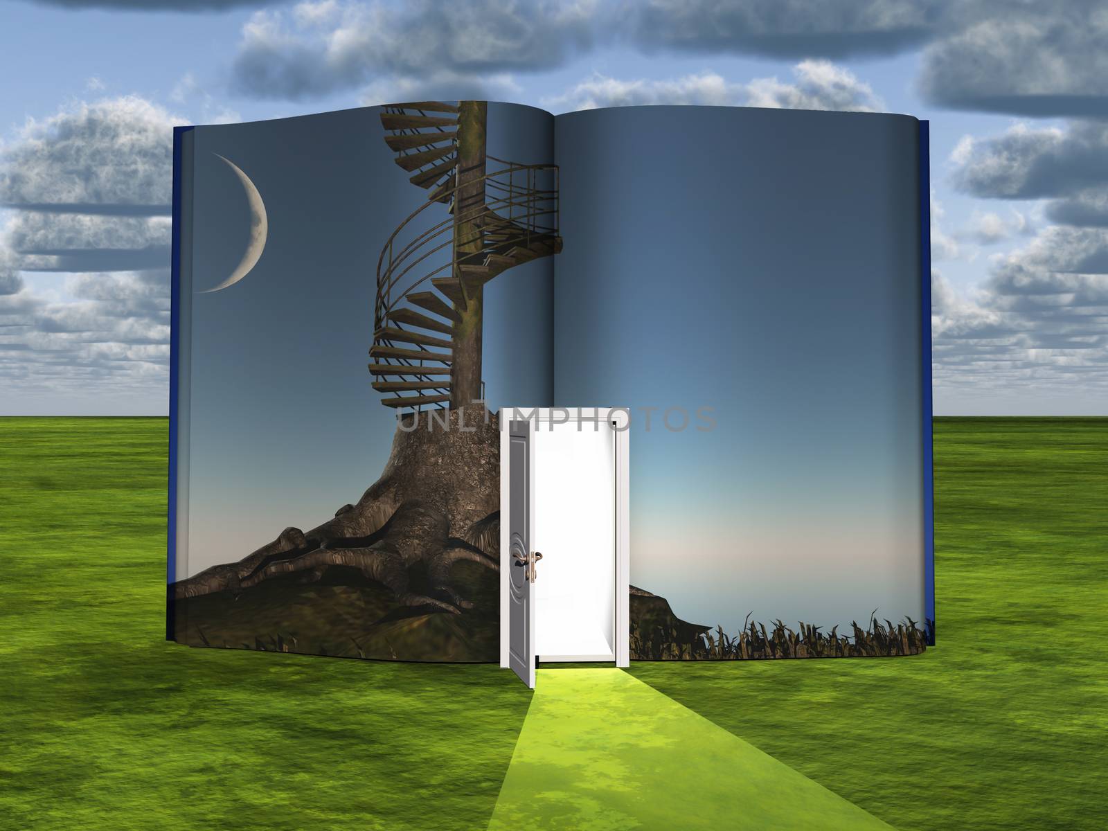 Surrealism. Book with opened door and spiral stairway.