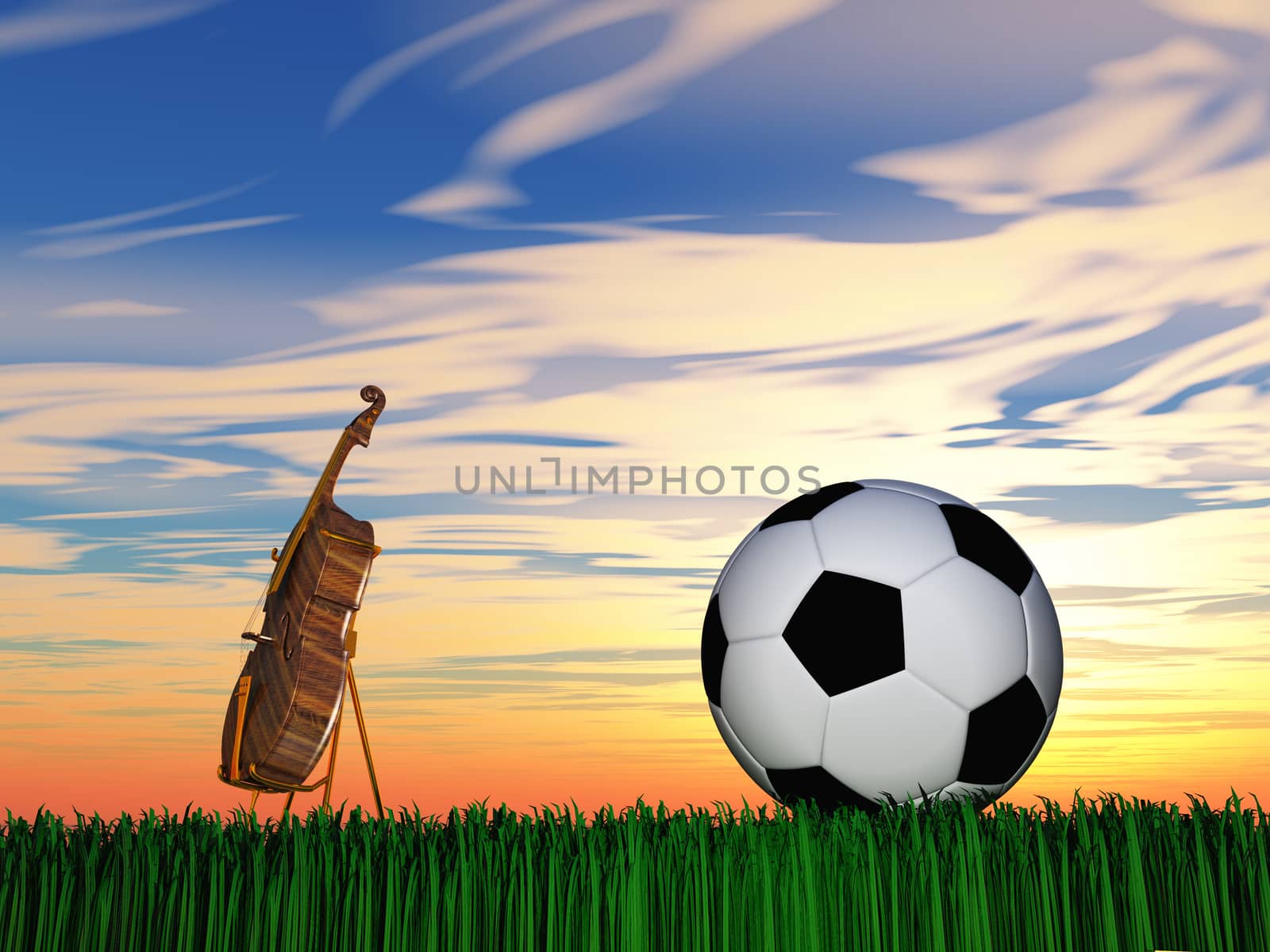 Soccer ball and cello on grass. Sports or music combine or choice