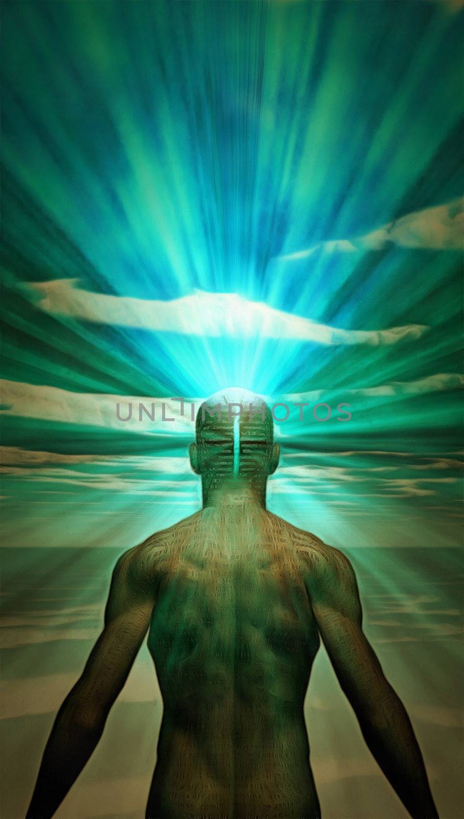 Surrealism. Power of mind. Well built man with rays of light coming out from head.
