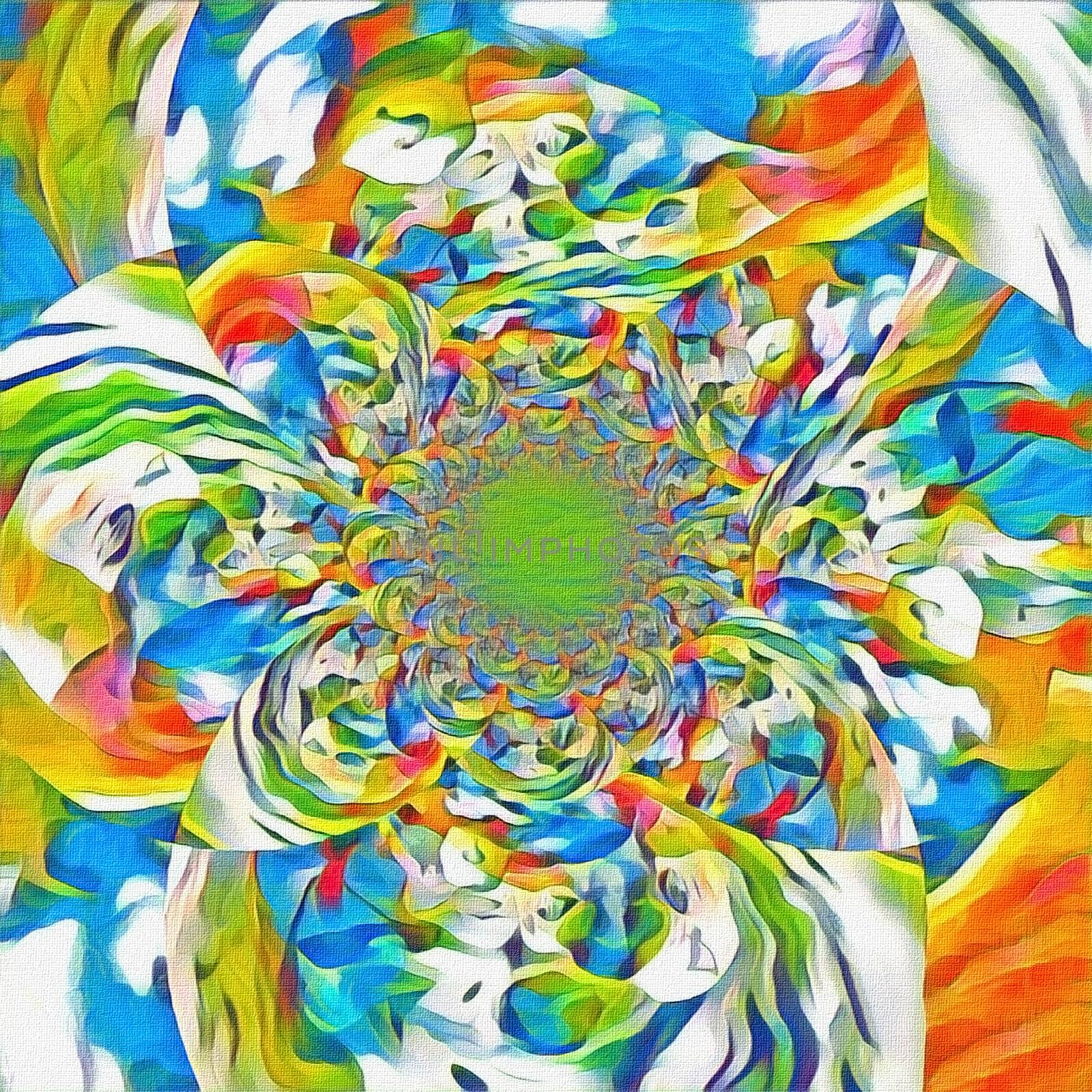 Abstract painting. Mirrored round fractal in multi colors.