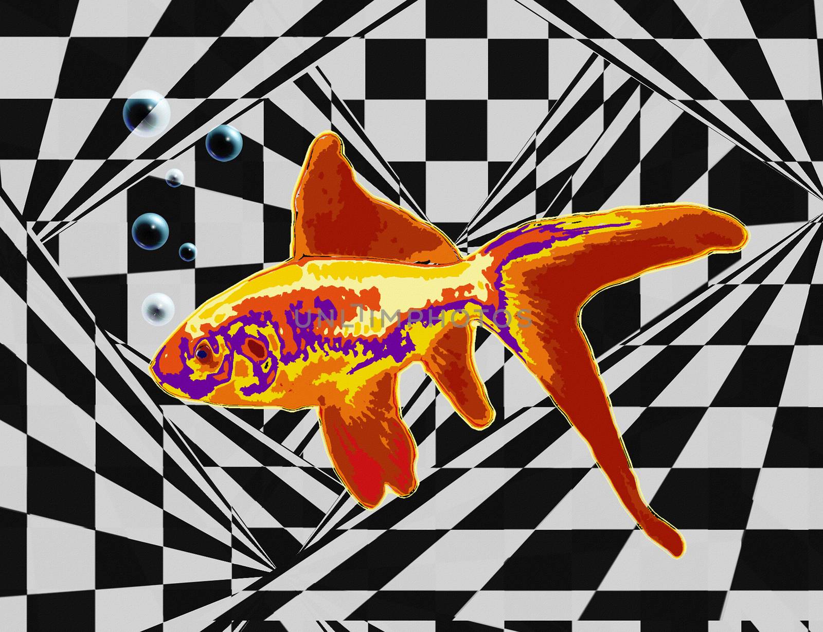 Surrealism. Golden fish in checkered space