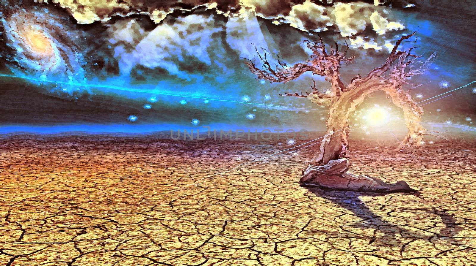Surreal painting. Old dry tree in arid land. Sunset or sunrise