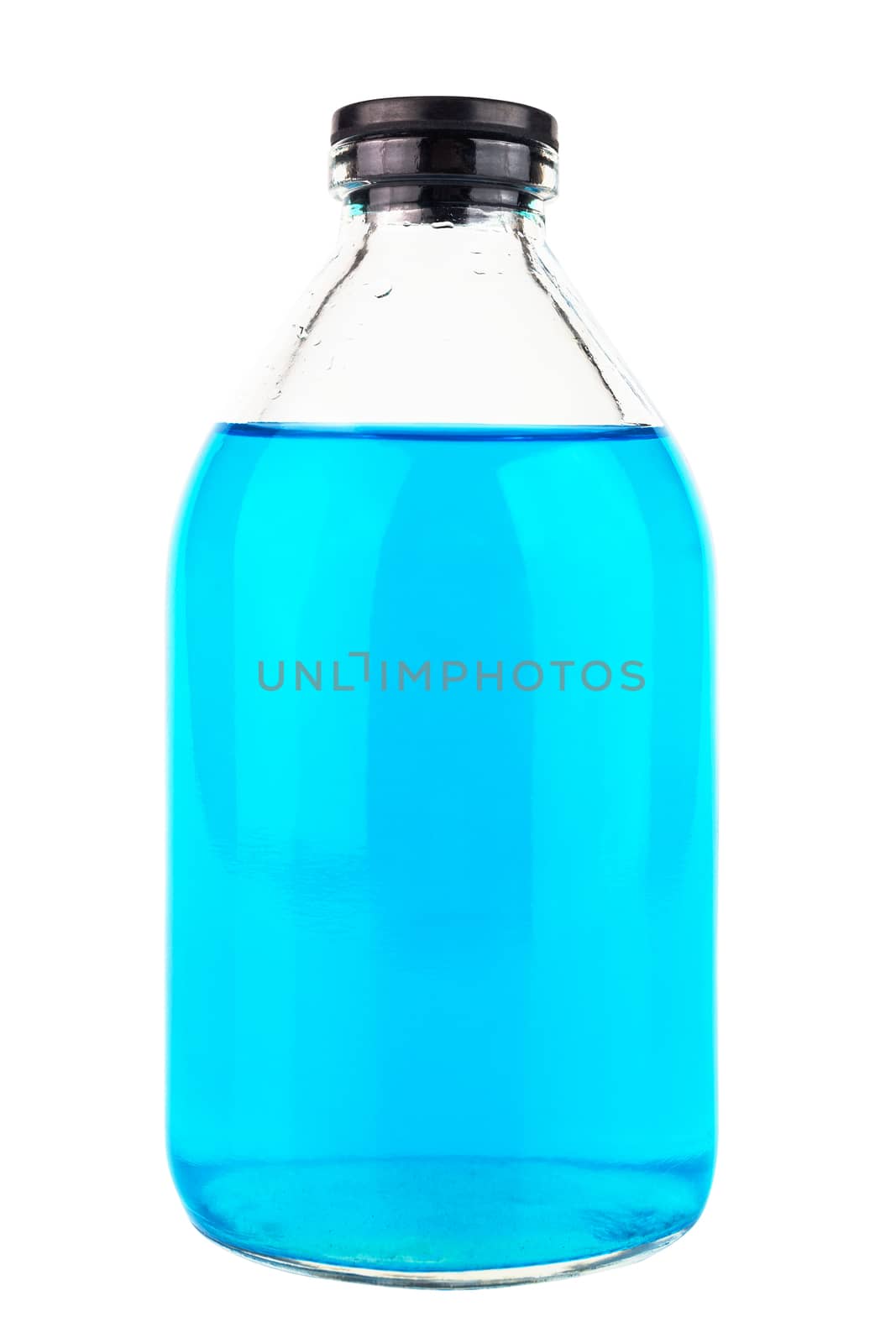 old style glass medical or chemical bottle with blue transparent liquid isolated on white background, closed with black rubber cap