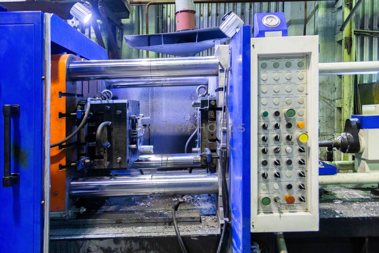 old horizontal die cast aluminium machine - opened, close-up with selective focus by z1b