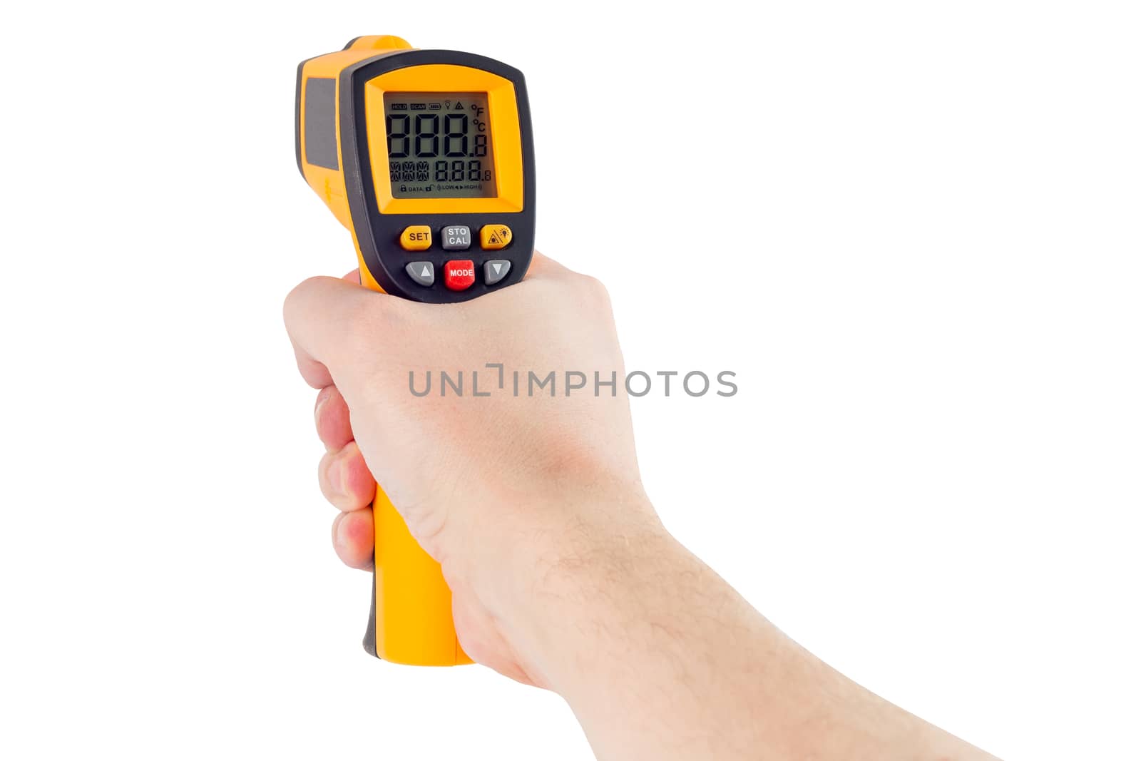 hand aiming with infrared contactless thermometer isolated on white background, mockup display state by z1b