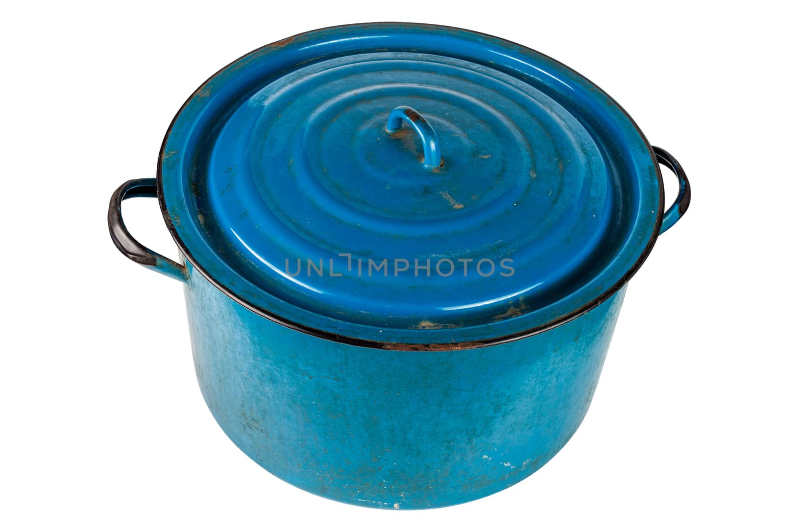 An old large dirty enameled blue pot with cover isolated on white background. Used for heating water for washing in urban ghetto or in poor village. Fifty liters capacity.