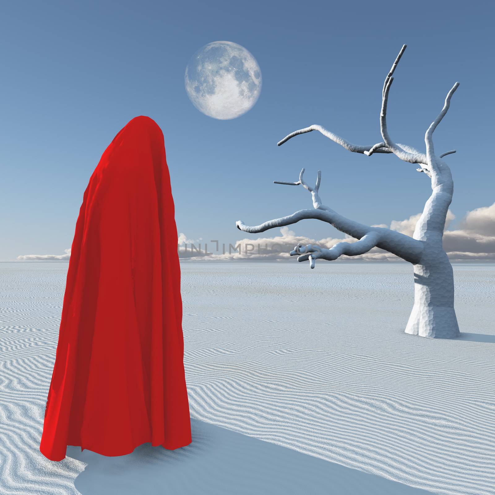 Figure in red hijab stands in surreal white desert. Planet Zen