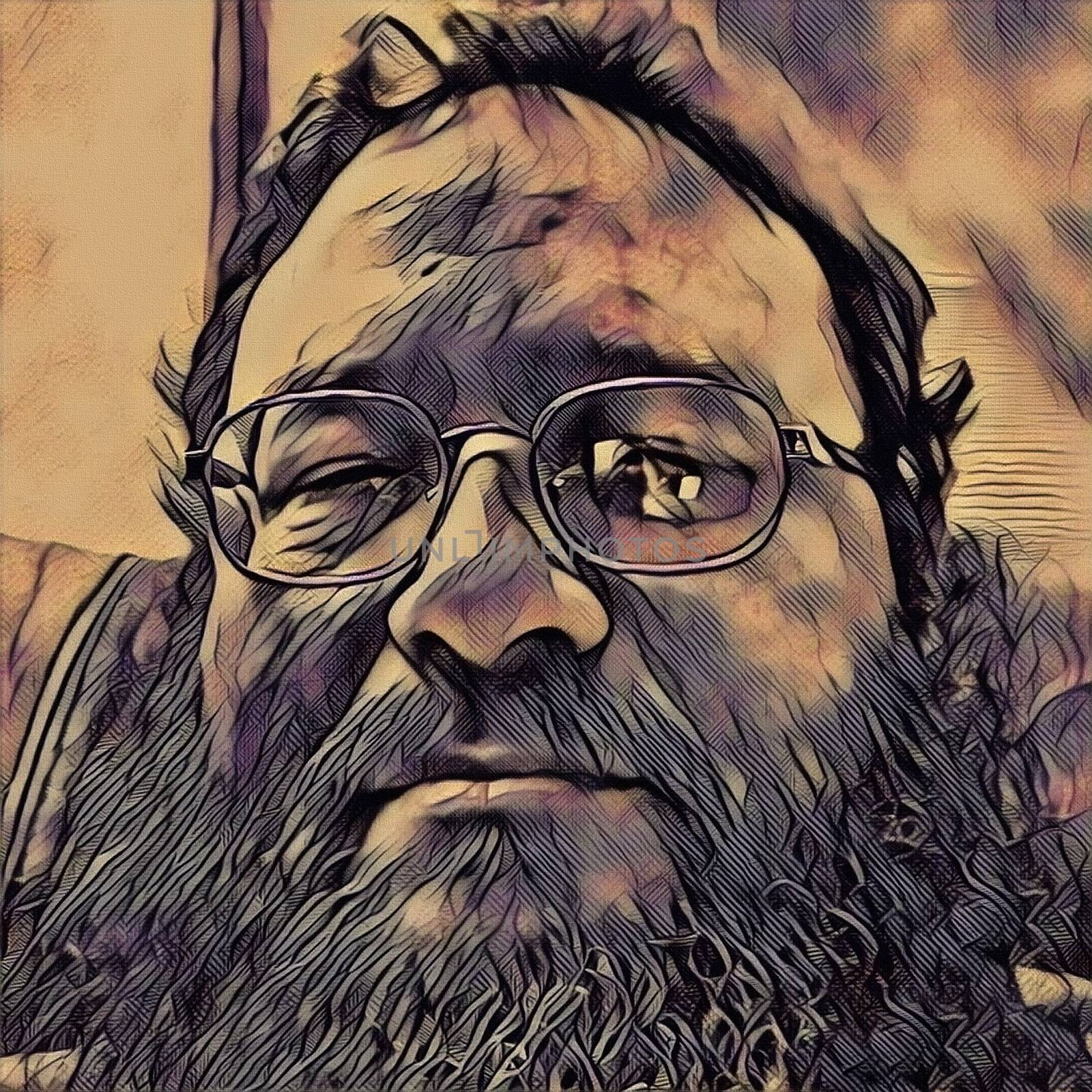 Pencil drawings. Bearded wise man wearing glasses. 3D rendering