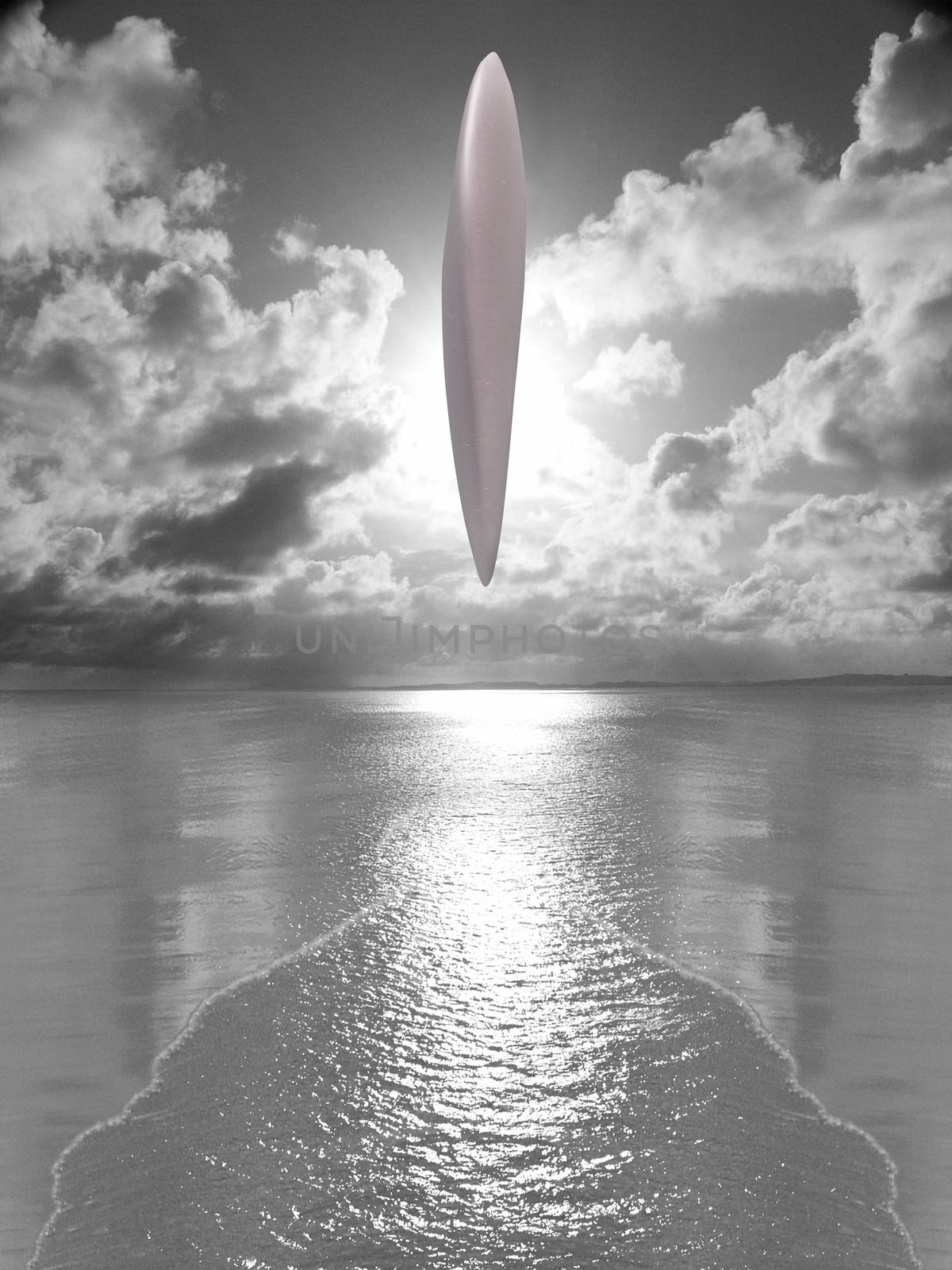 UFO hovers above water surface. Clouds in sky. 3D rendering