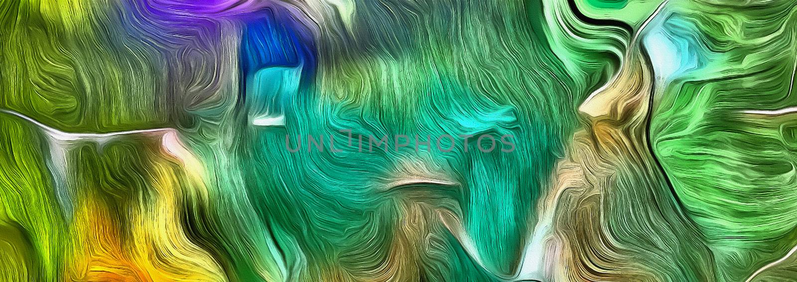 Fluid lines of color movement. Green is a main color. Oil painting. 3D rendering
