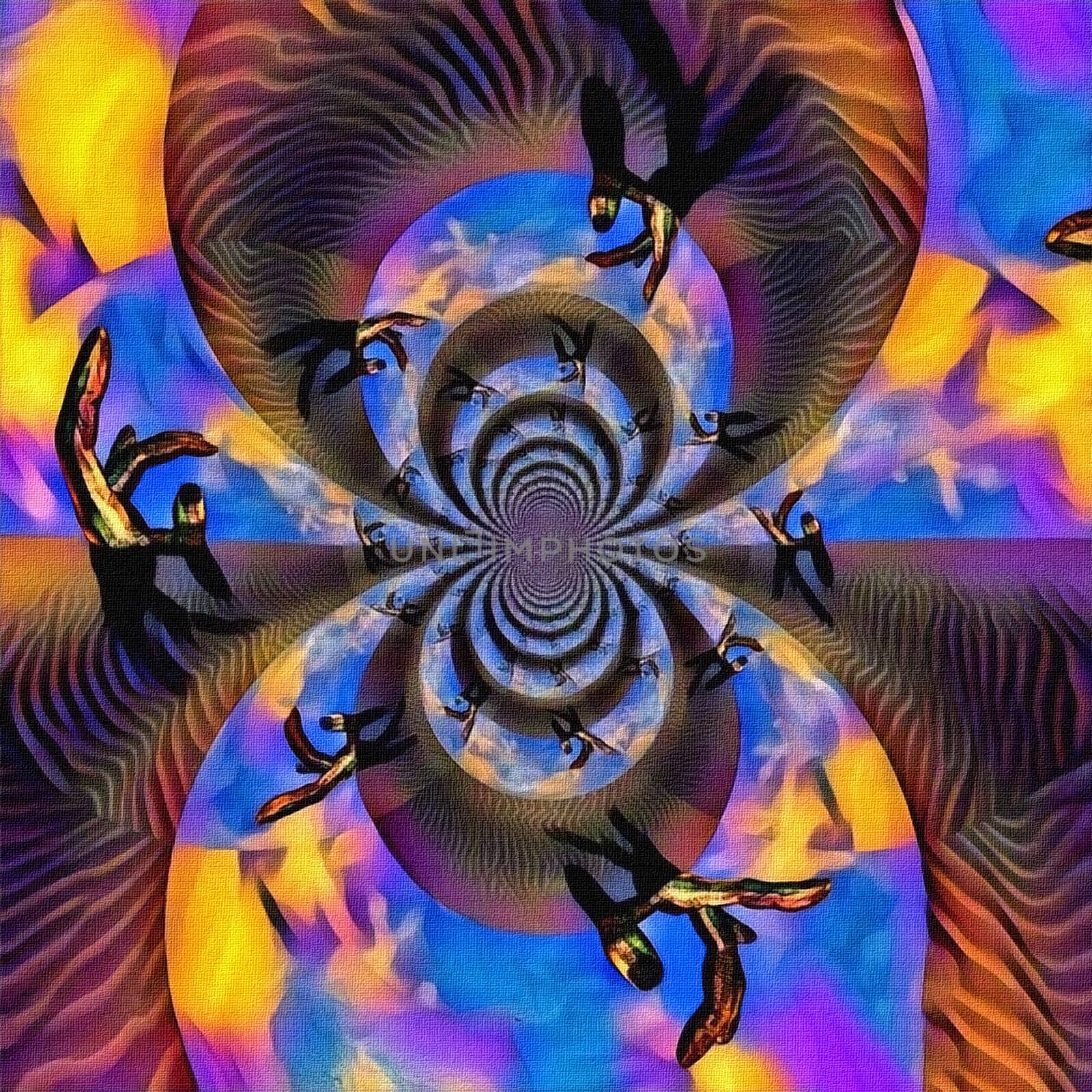 Abstract painting. Mirrored round fractal with God's hands.