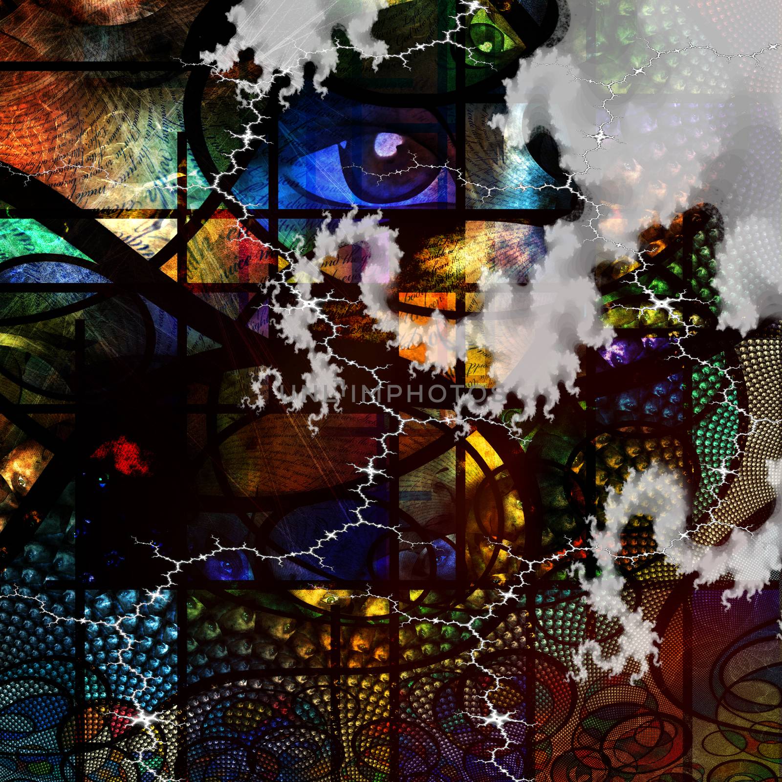 Abstract artistic image with text and human eye