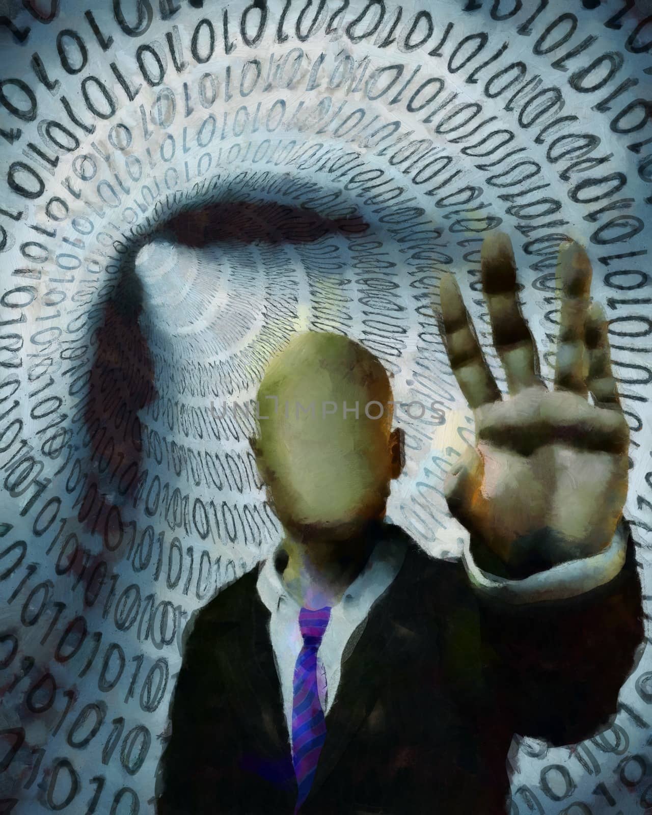Surreal painting. Faceless man in suit warns. Tunnel of binary code on a background.