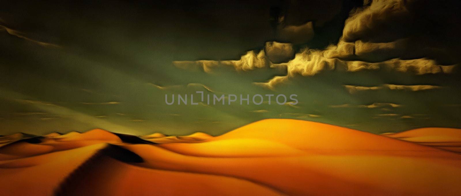 Desert landscape. Sunshine and clouds