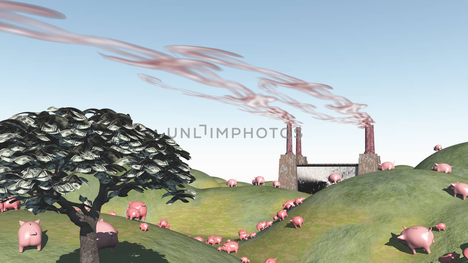 Surreal landscape with factory and pigs moving toward factory. Tree with dollars curensy