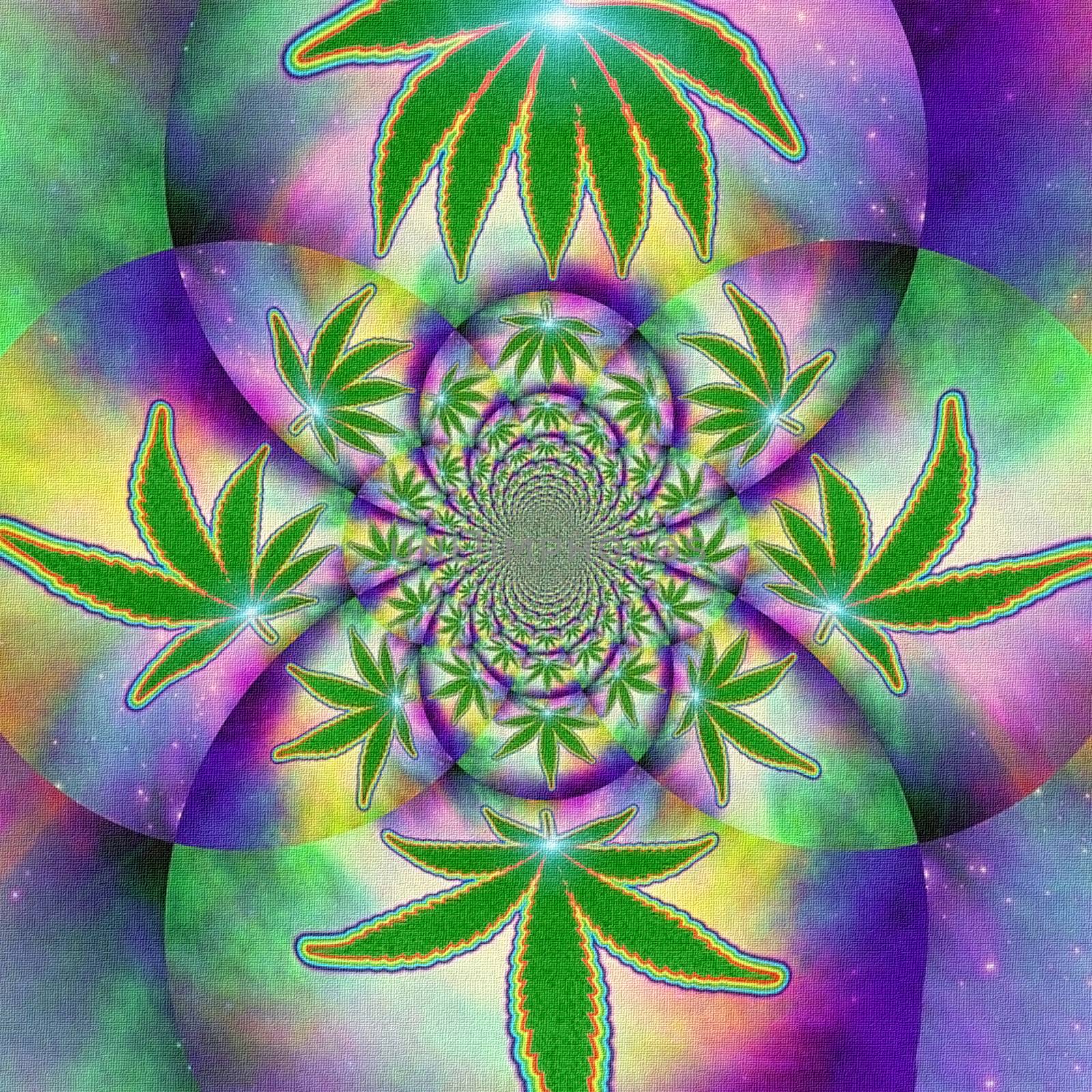 Abstract painting. Mirrored round fractal with marijuana leaf.