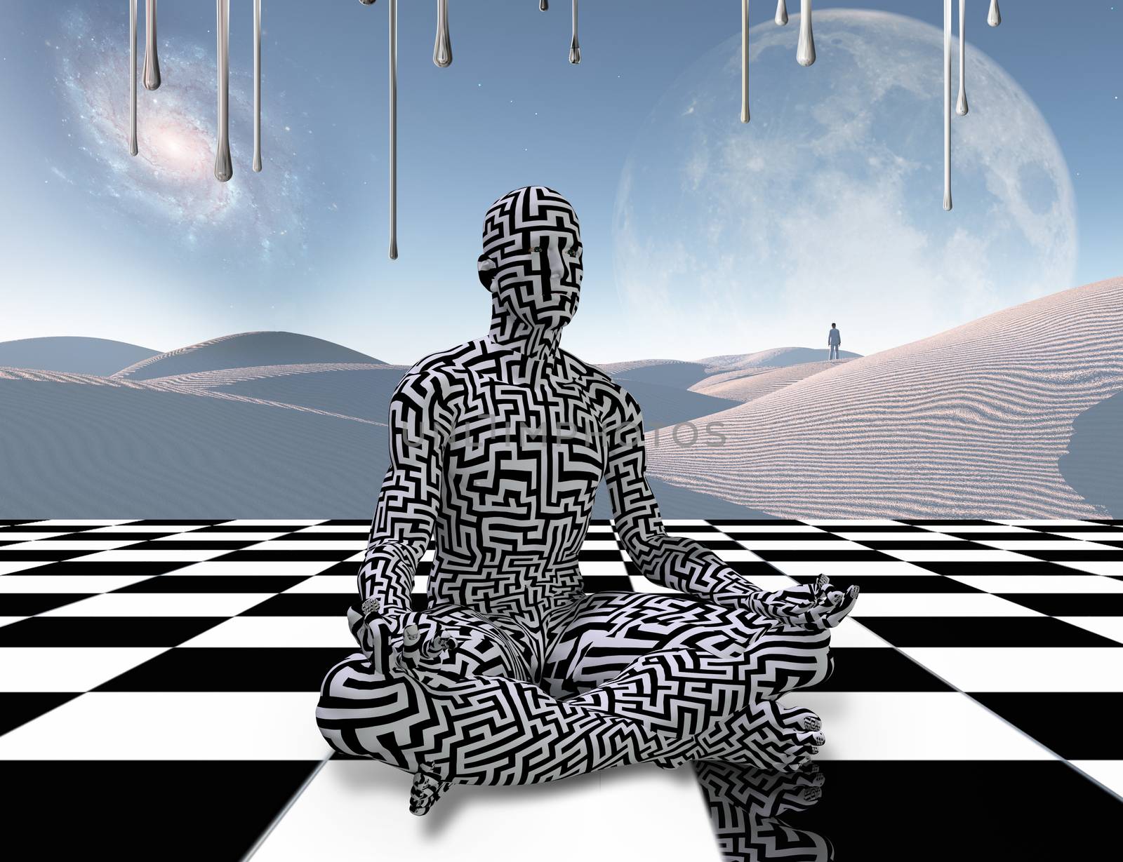 Surrealism. Man with maze pattern sits in lotus pose on a chess board. Meditation on a chessboard. Lonely traveler in the white sands dune. 3D rendering