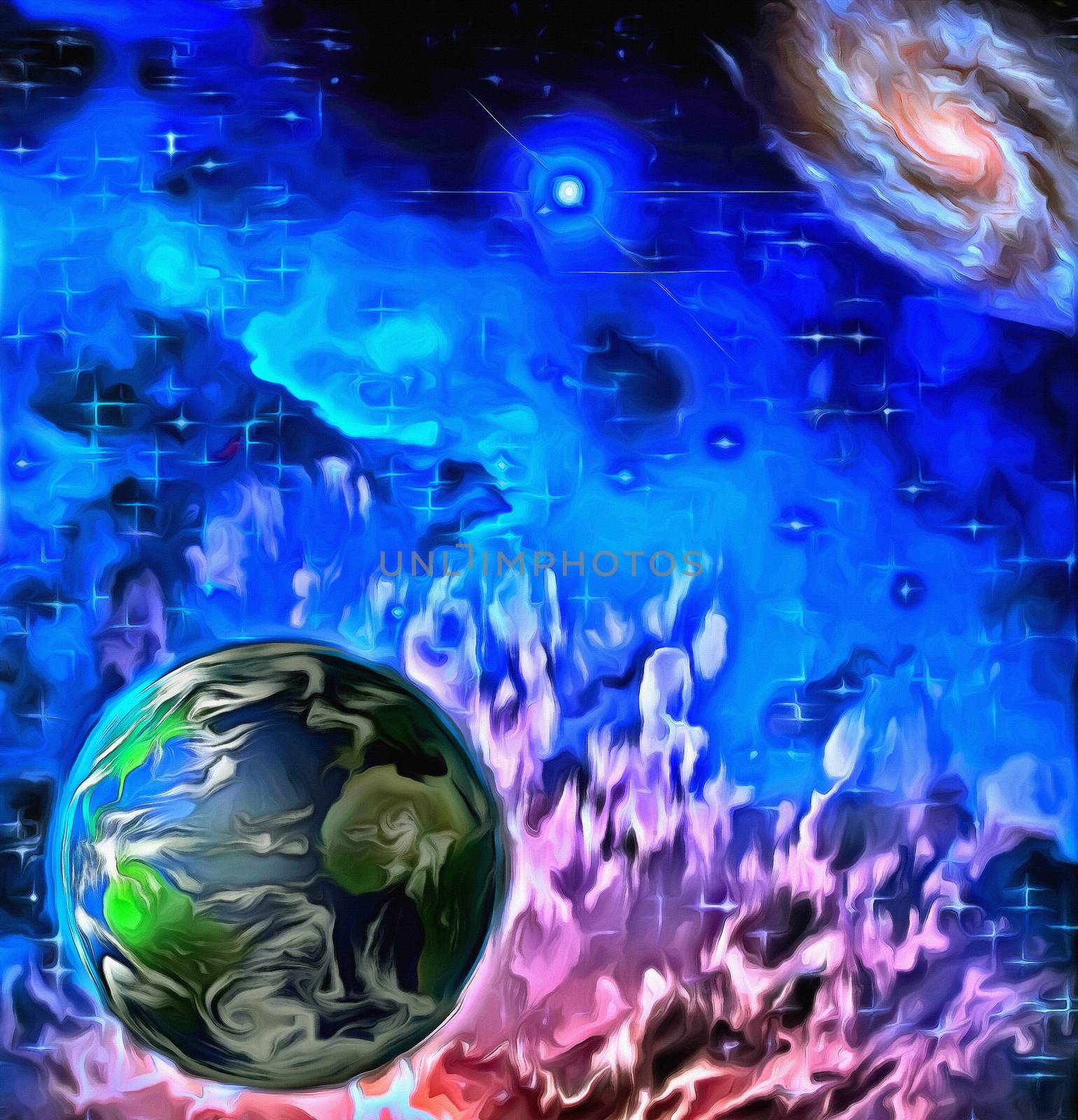 Surreal painting. Planet Earth in endless universe.
