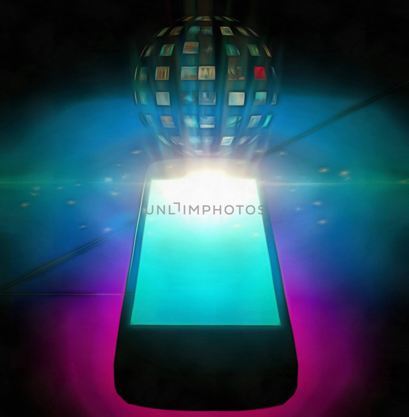 Surreal digital art. Multimedia holographic sphere comes from tablet.