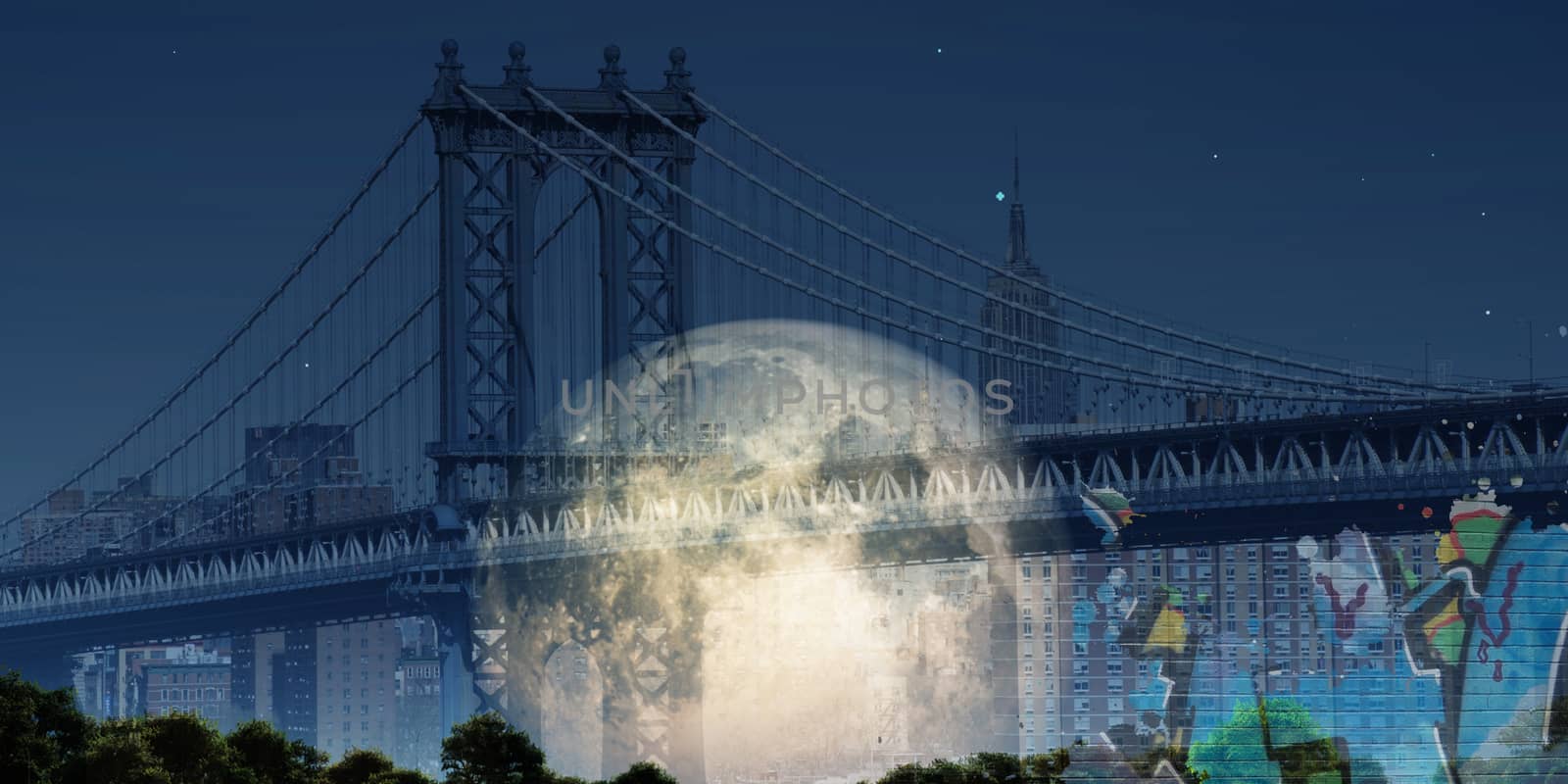 Surreal digital art. Manhattan bridge on New York's cityscape. Giant moon, pieces of graffiti.
