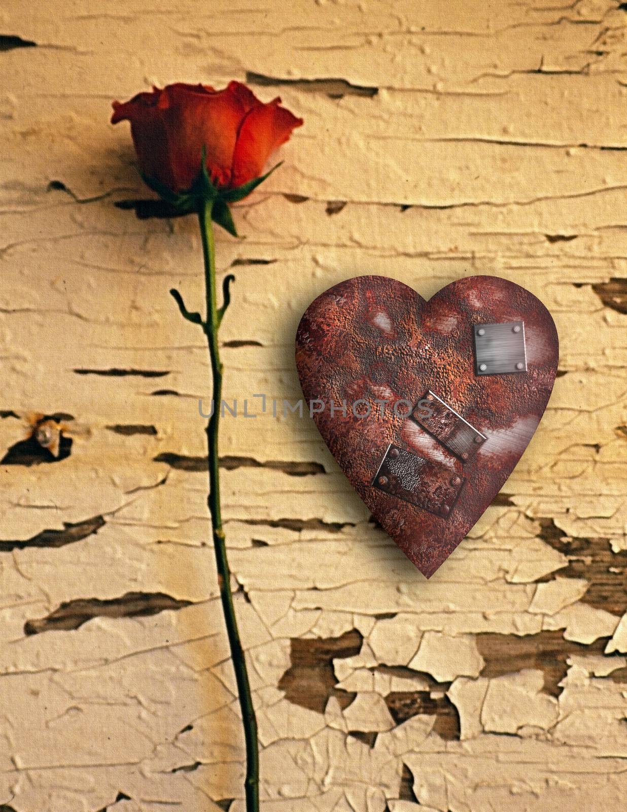 Surrealism. Red rose and rusted heart with metal patches.
