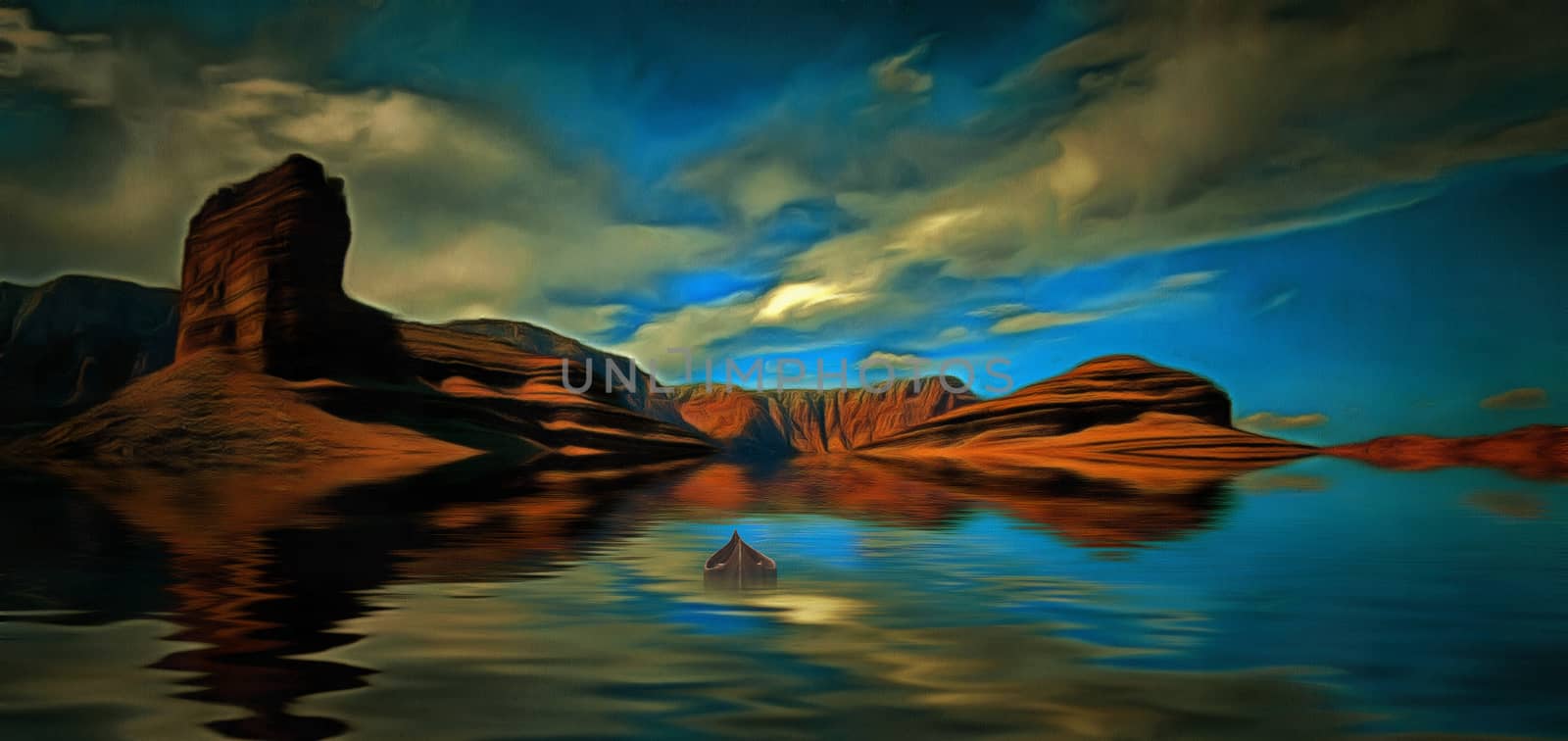 Empty wooden boat floats in desert water