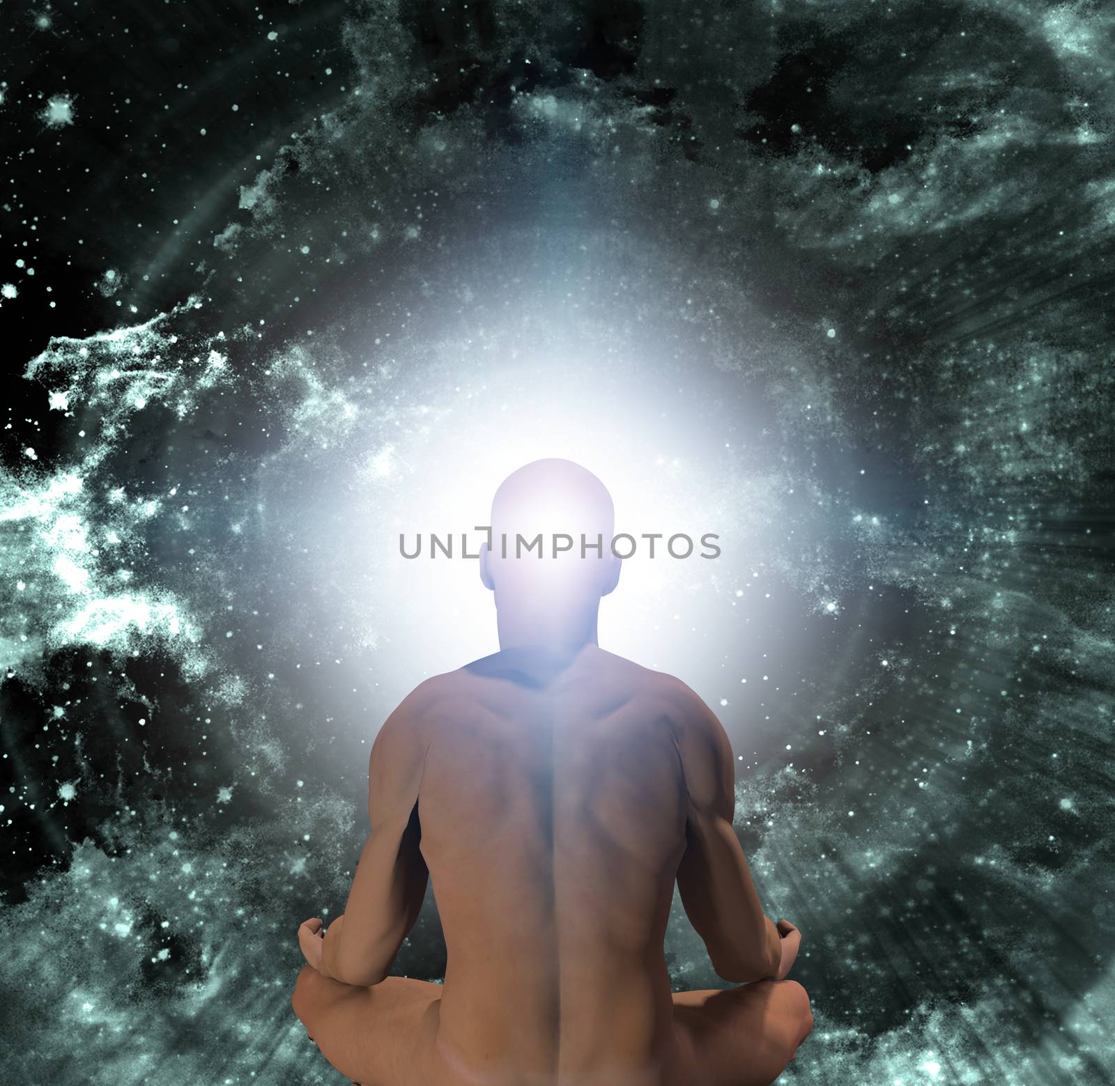 Man in lotus position meditates before endless spaces.